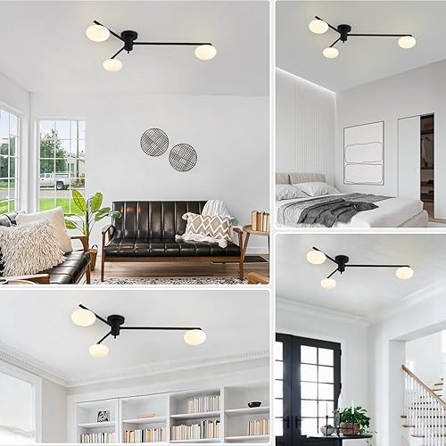 Miniatura 4 de Lámpara de araña Sputnik moderna de 3 luces con pantalla de vidrio de leche, lámpara de techo empotrada negra para cocina