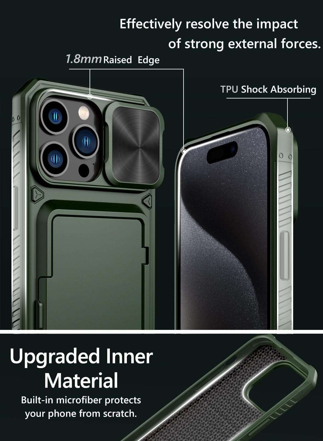 Vihibii for iPhone 15 Pro Max Case with Card Holder (4 Cards), Built-in 2X Tempered Glass Screen Protector & Slide Camera Cover & Kickstand, Military Grade Drop Protection, Rugged Wallet Case, Green