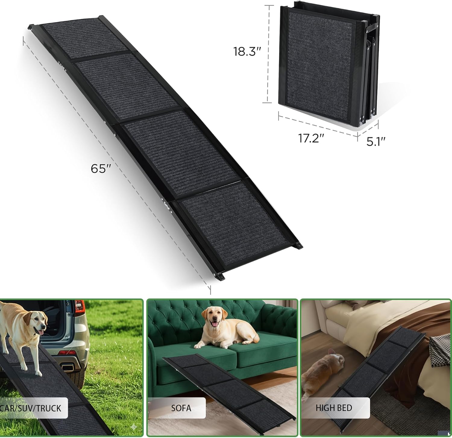 Extra Wide Dog Ramp for Large Dogs, 65" Foldable Aluminum Portable Pet Ramp with Non-Slip Surface for SUVs, Trucks and High Beds up to 250lbs