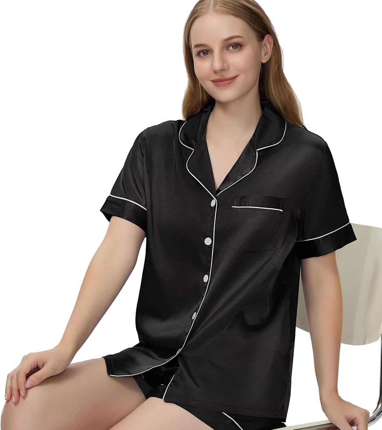 Couple Pajamas Set Satin Short Sleeve Sleepwear 2 Pcs Button Down Pjs Loungewear - Image 5
