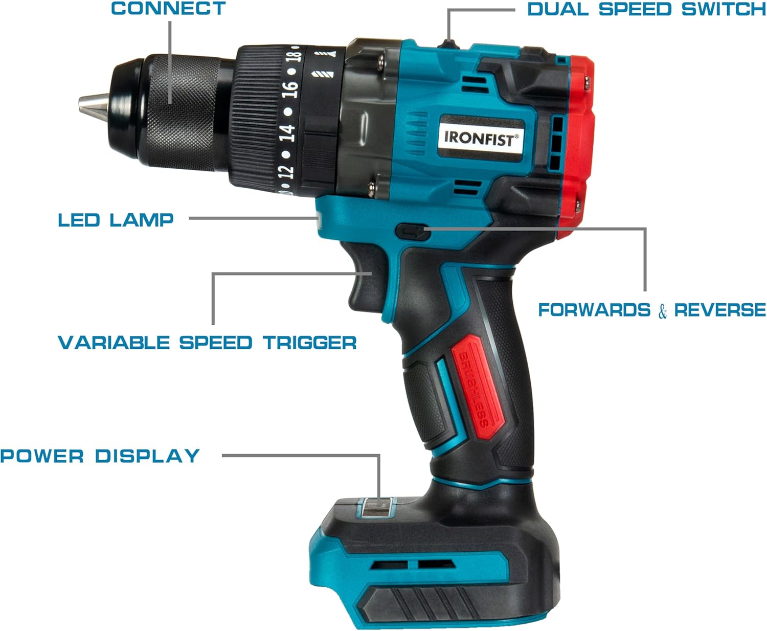 IRONFIST Cordless Drill for Makita 18V Batteries, 1/2 inch Metal Chuck Impact Drill/Driver, Brushless 150Nm MAX Torque, 2 Variable Speed 1250RPM for Professional (NO BATTERY)