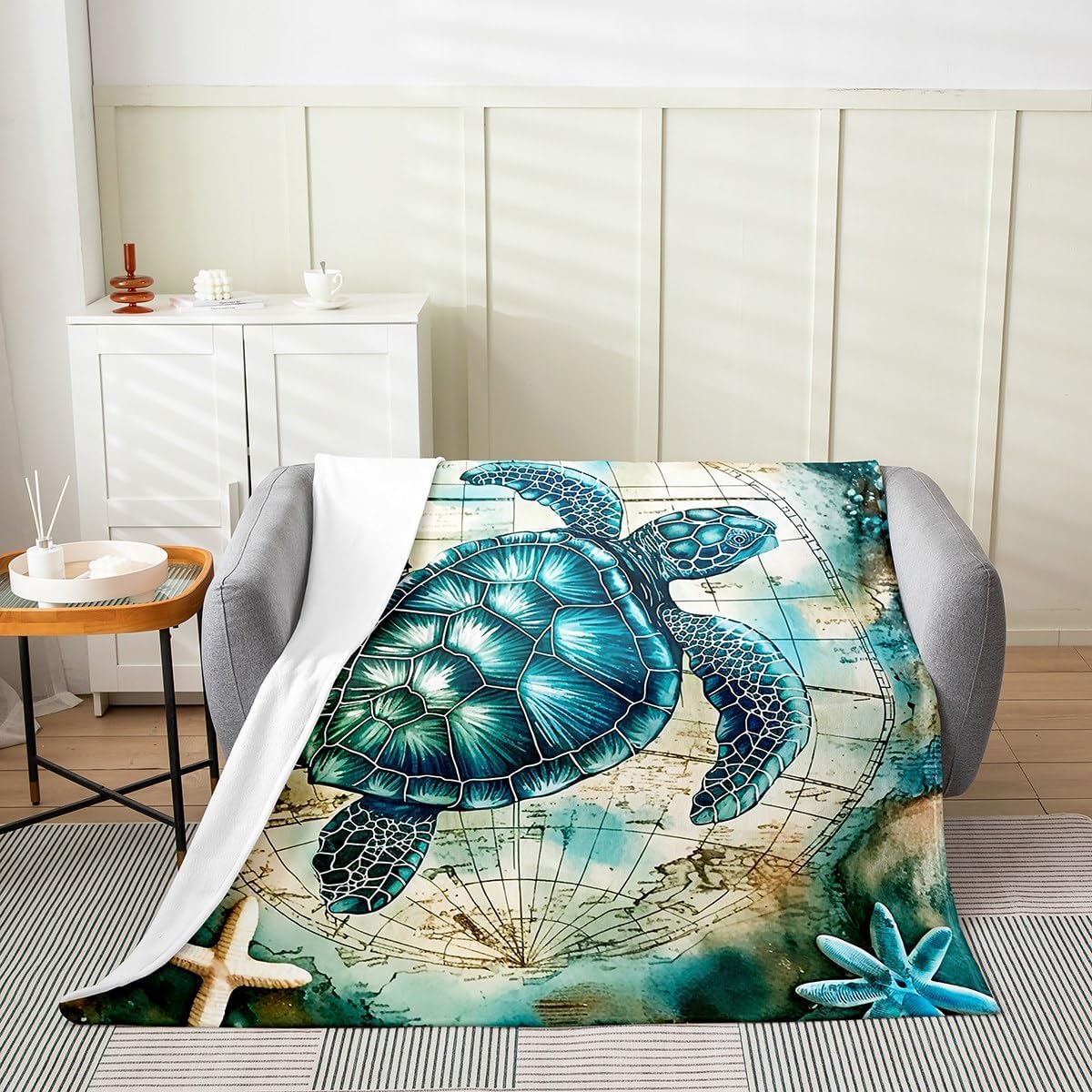 Sea Turtle Flannel Fleece Blanket Queen 90"x90" Kids Retro Ocean Animal Plush Throw Blanket Boys Girls Coastal Ship,All Season for Bed Sofa Couch Breathable Reptile Tortoise