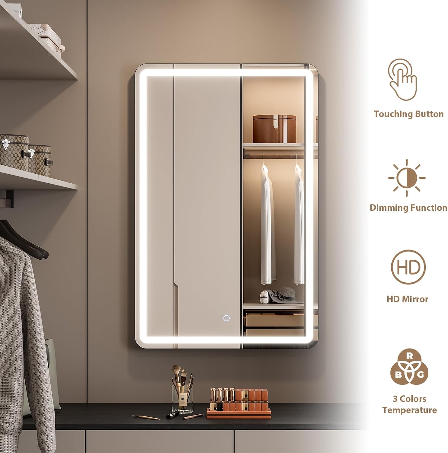 24x36 Inch LED Lighted Medicine Cabinet with Mirror for Bathroom, Wall Mounted or Recessed Mirror Cabinet with 3X Magnifying Mirror, Adjustable Storage Shelves, Modern Design