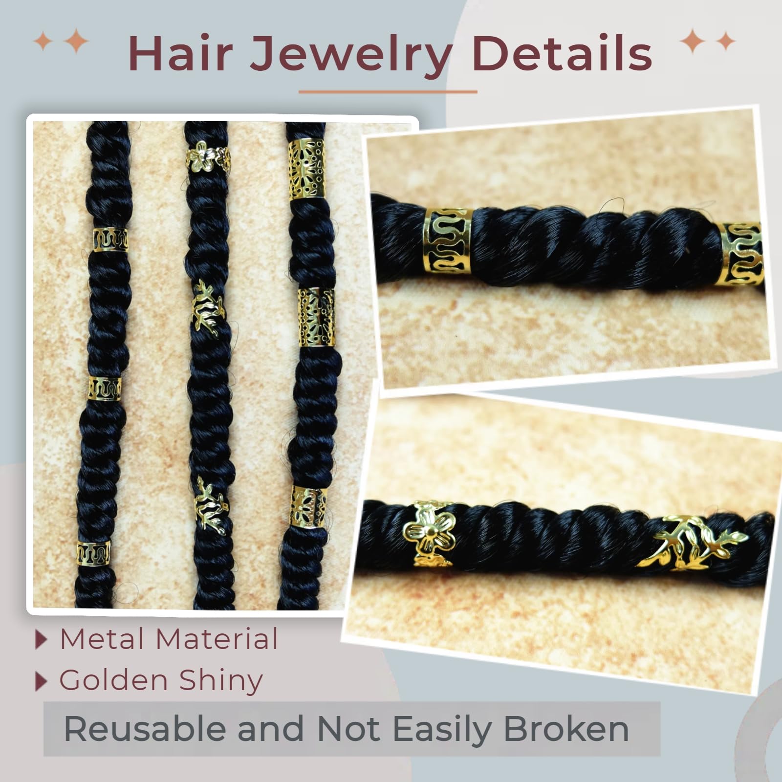 Kit de 120 piezas de joyería dorada para el cabello para trenzas y rastas, 5 estilos de pinzas para el cabello, anillos y accesorios, decoraciones de trenzas Loc Jewels para mujer 3