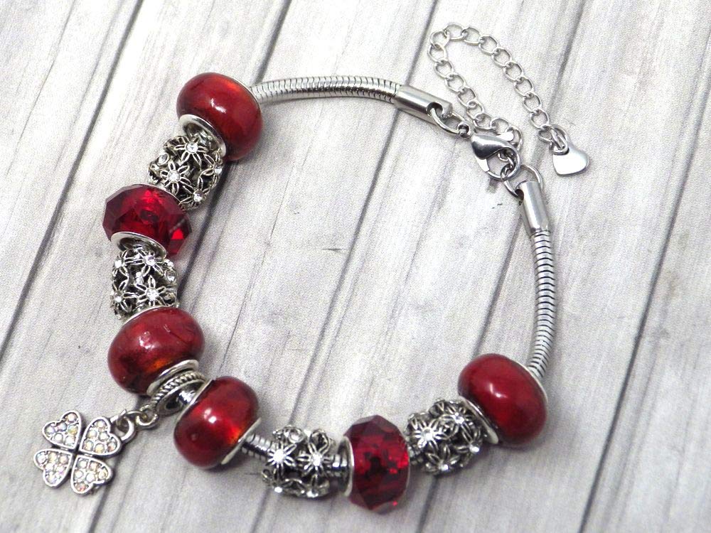 Damen Schmuckset aus Edelstahl mit Charms Halskette Armband und Kristall Kleeblatt Anhänger
