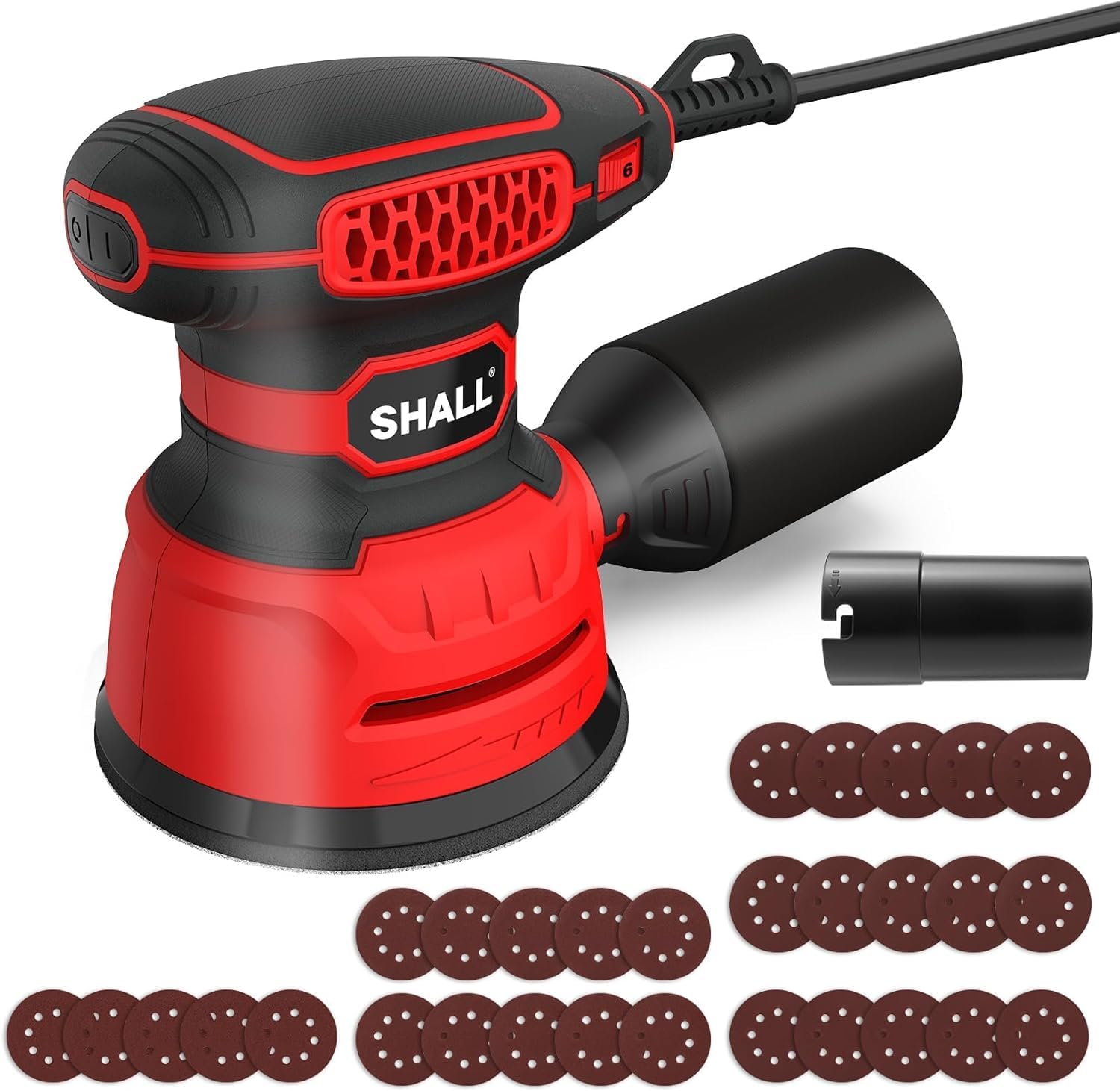 SHALL 5-Inch Random Orbital Sander, 3.2 AMP - 6 variable Speeds - Max 13000 RPM, with 30pcs Sandpaper & Detachable Dust Bag, Sanding for Polishing Woodworking, Refinish Furniture & Remove Varnish