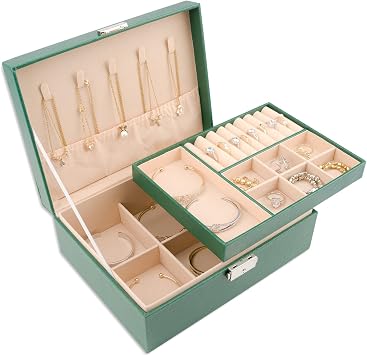 Meschett 2 Layer Jewelry Box,PU Leather Jewelry Holder Organizer with Lock and Removable Tray,Jewelry Organizer for Rings Earrings Necklaces Bracelets,Jewelry Boxes for Women,DarkGreen
