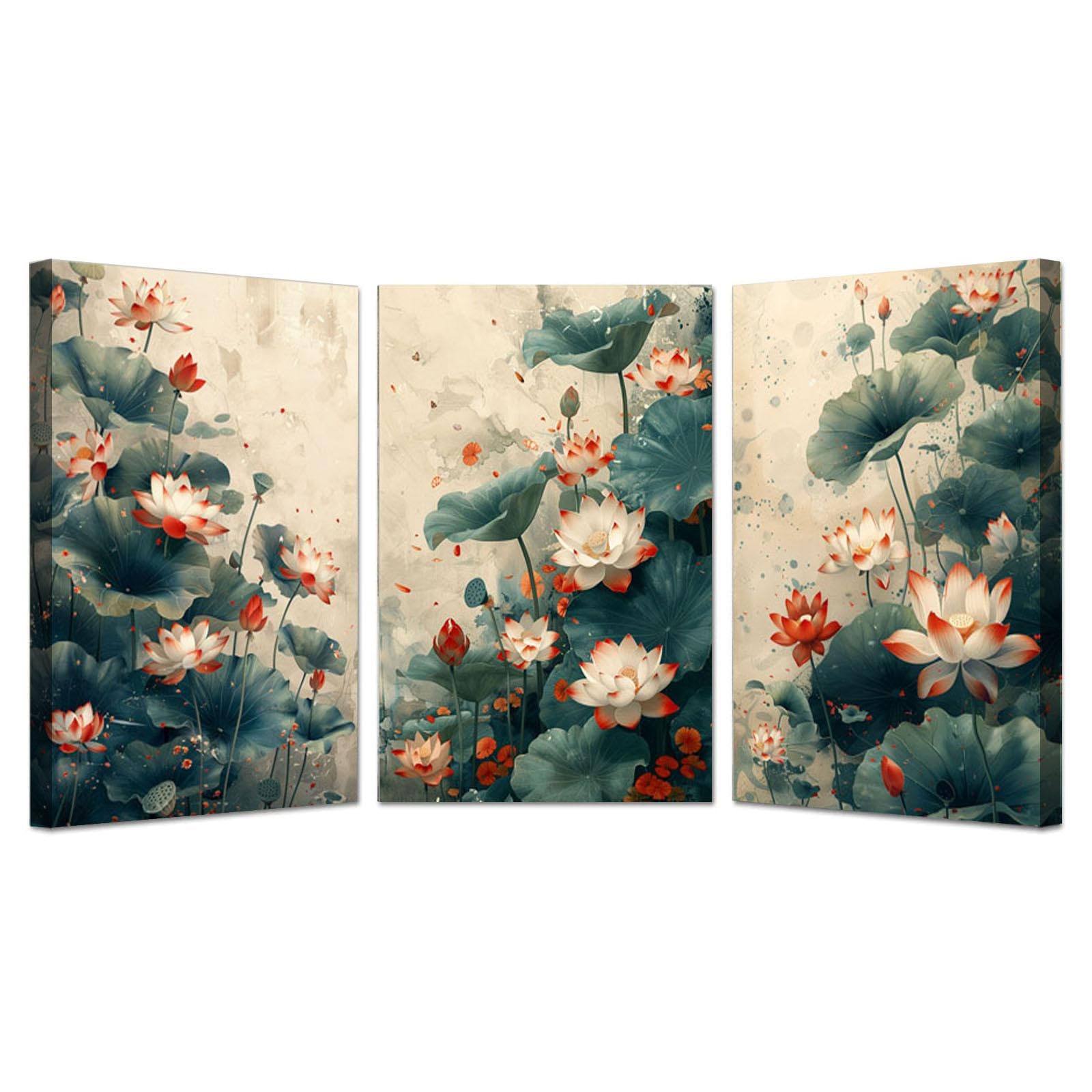 JOSUE Set de 3 Cuadros Dormitorios Modernos Flores Paisaje de tinta Cuadros Grandes Lienzo,Verde, blanco Cuadros SalóN Dormitorio Comedor Oficina DecoracióN-40x60cmx3 Enmarcado