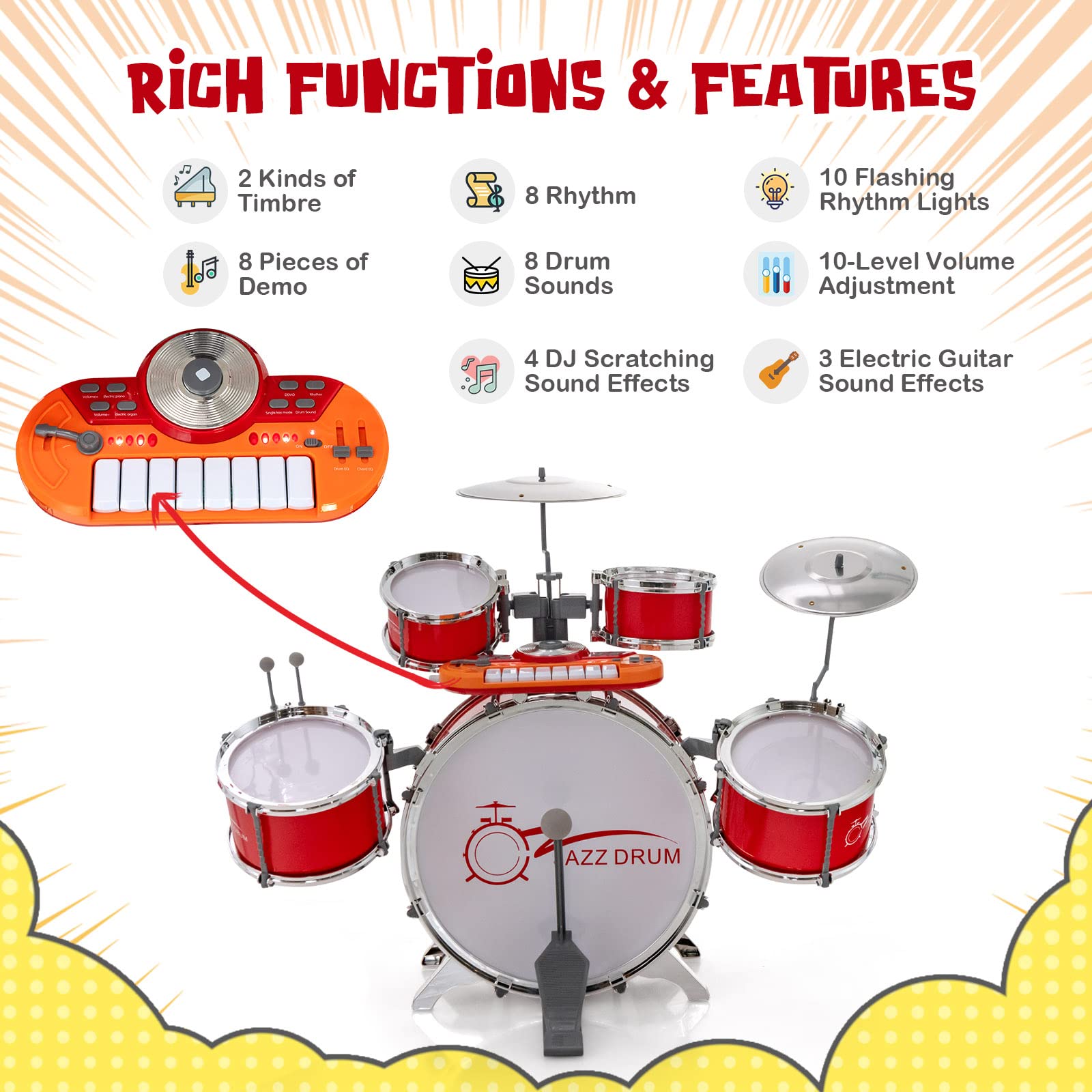 Batterie Enfant 3 En 1 Avec Clavier Et Micro - 5 Tambours, 2 Cymbales, Effets Lumineux, Tabouret - Jouet Musical 3+ Ans, Rouge