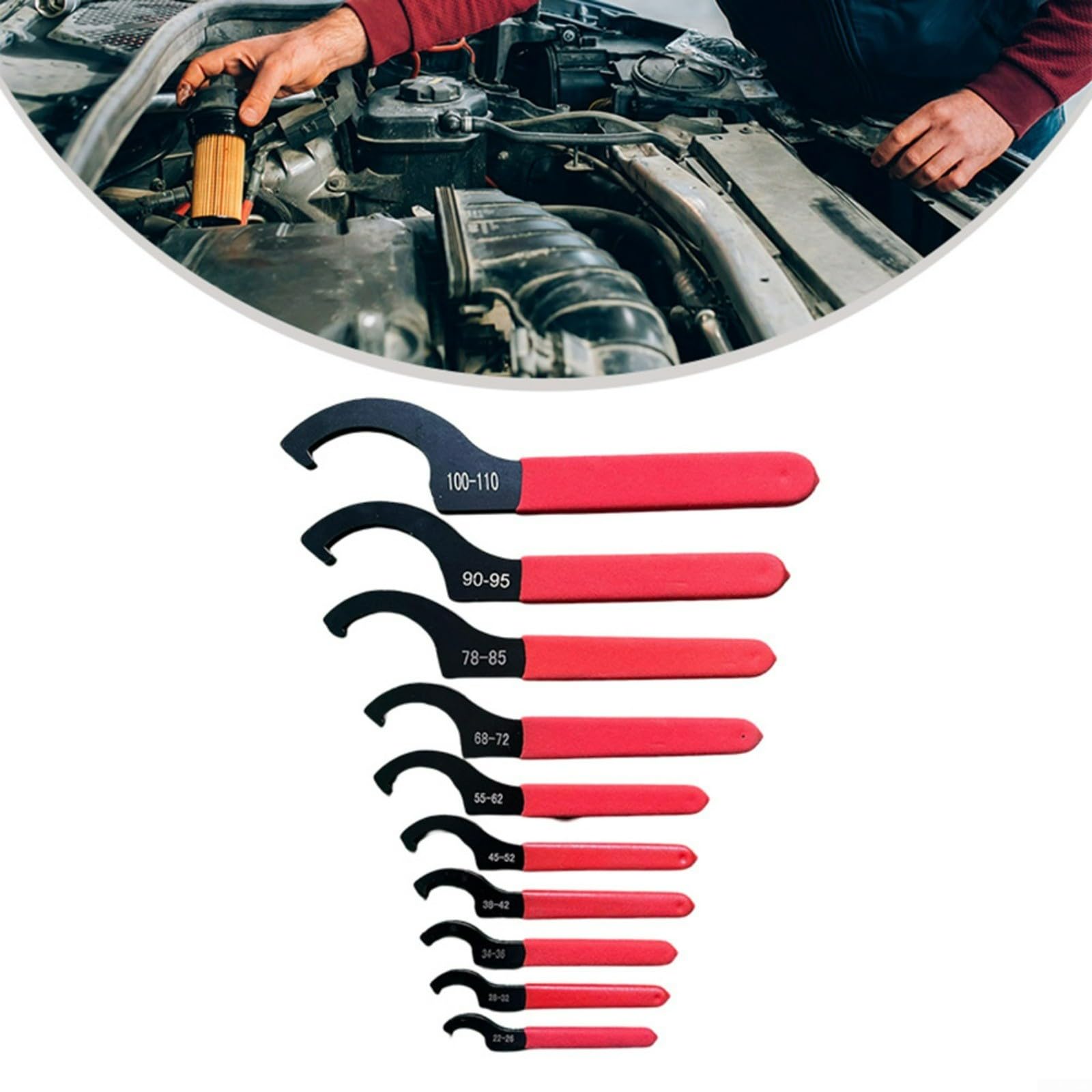 Set di 10 chiavi a gancio regolabili a C, strumenti a ghiera di varie dimensioni con maniglie antiscivolo sicure per sistema di sospensione e regolazioni degli urti