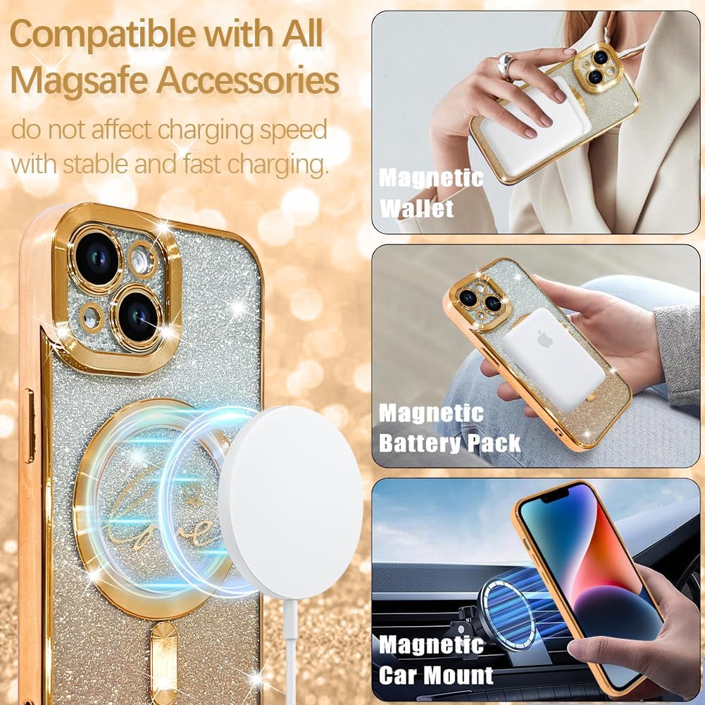ZIYE Magnetic Case Designed for iPhone 14 Glitter Case Luxury Plating Love Heart Compatible with MagSafe Clear Case with Camera Protector Protection Shockproof Cover for Women Girls-Gold - Image 4