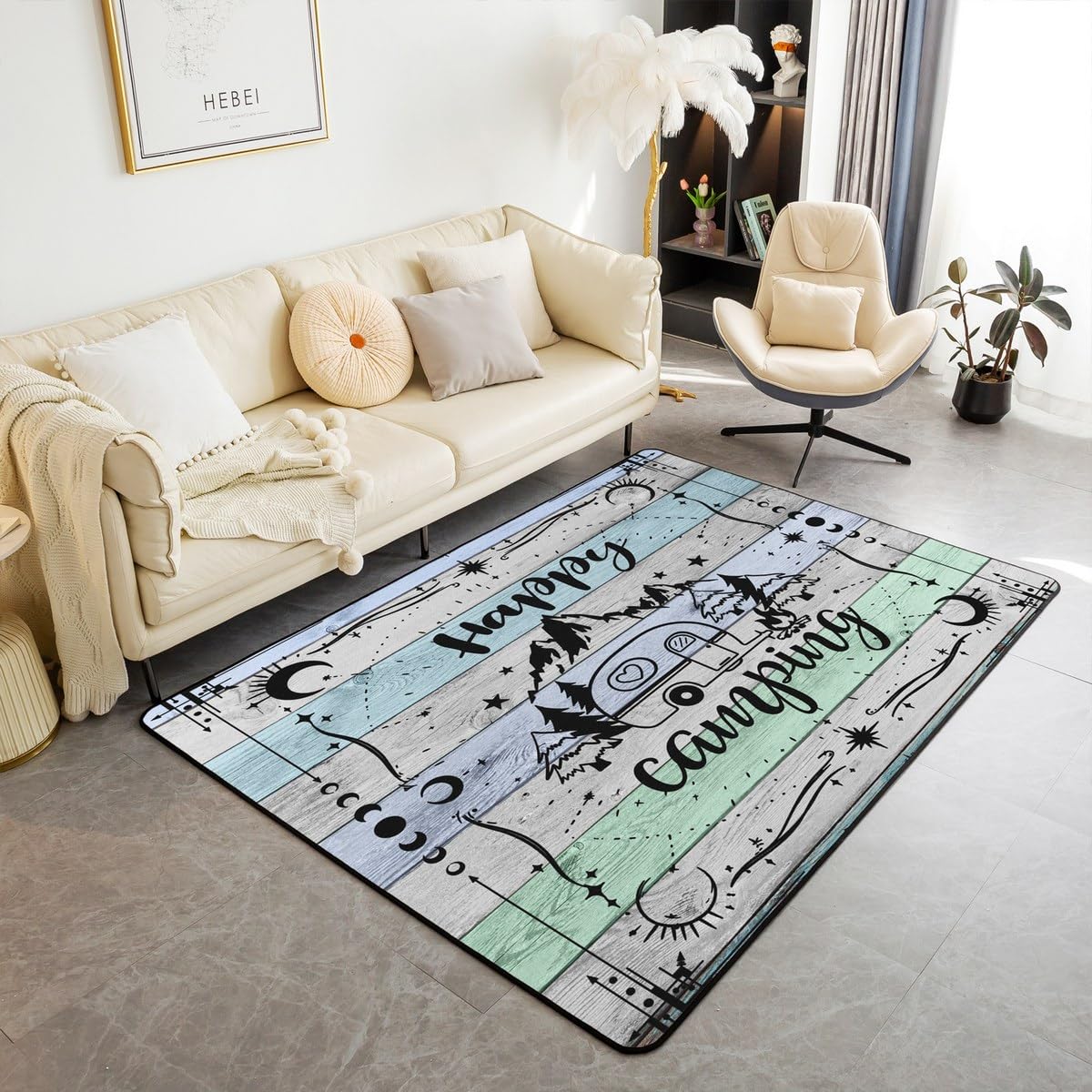 Homewish Tappetino per interni in legno ad acquerello, per ragazzi, ragazze, camper, felice, campeggio, fattoria, vecchio fienile, motivo decorativo per stanza dei giochi, 3 x 5