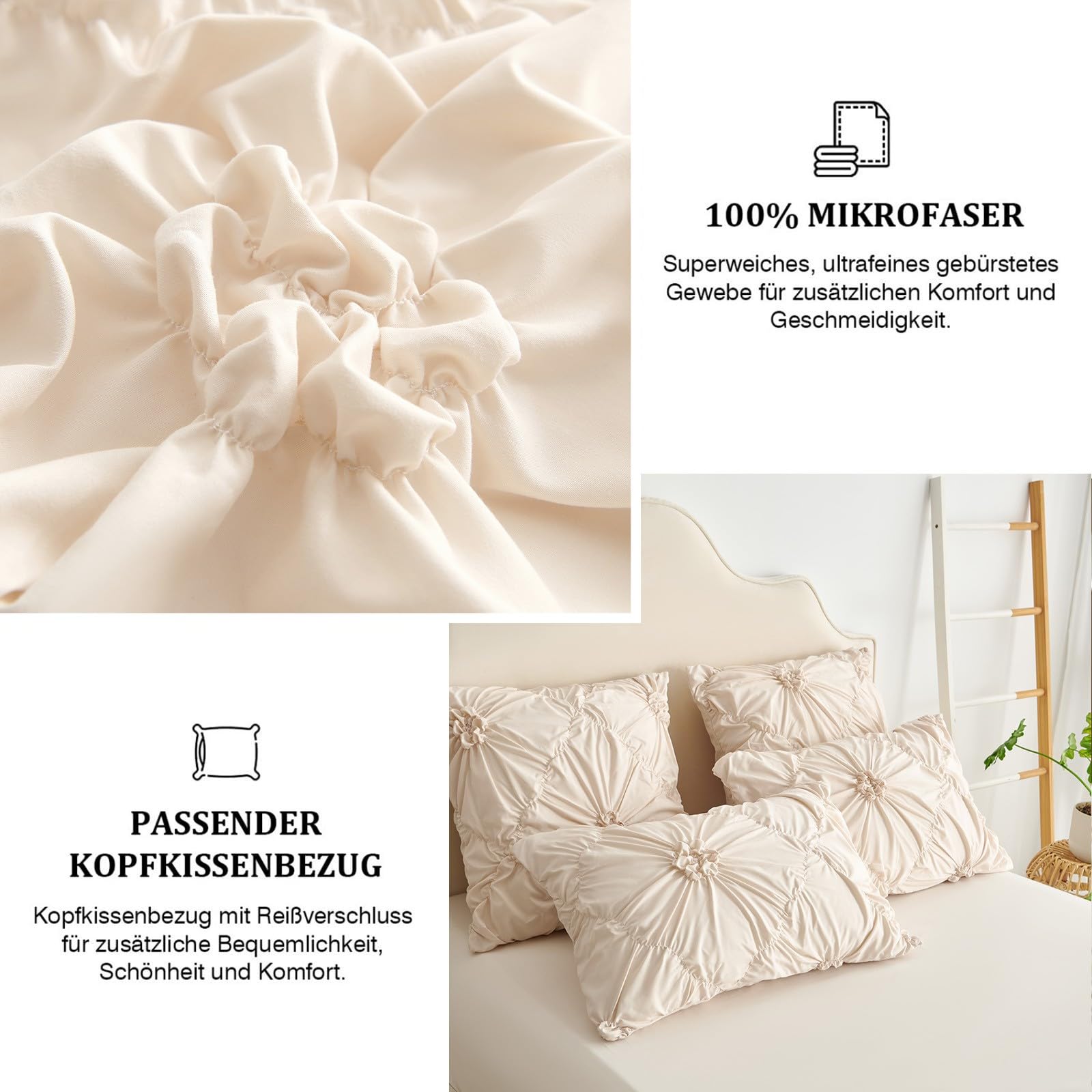 Freyamy Bettwäsche 200x200cm 3teilig Beige Pintuck Plisseefalten Luxus Bettwäsche Pinch Pleat Mädchen Bettwaren-Sets 100% Microfaser Weiche Bettbezug mit Reißverschluss und 2 Kissenbezug 80x80cm