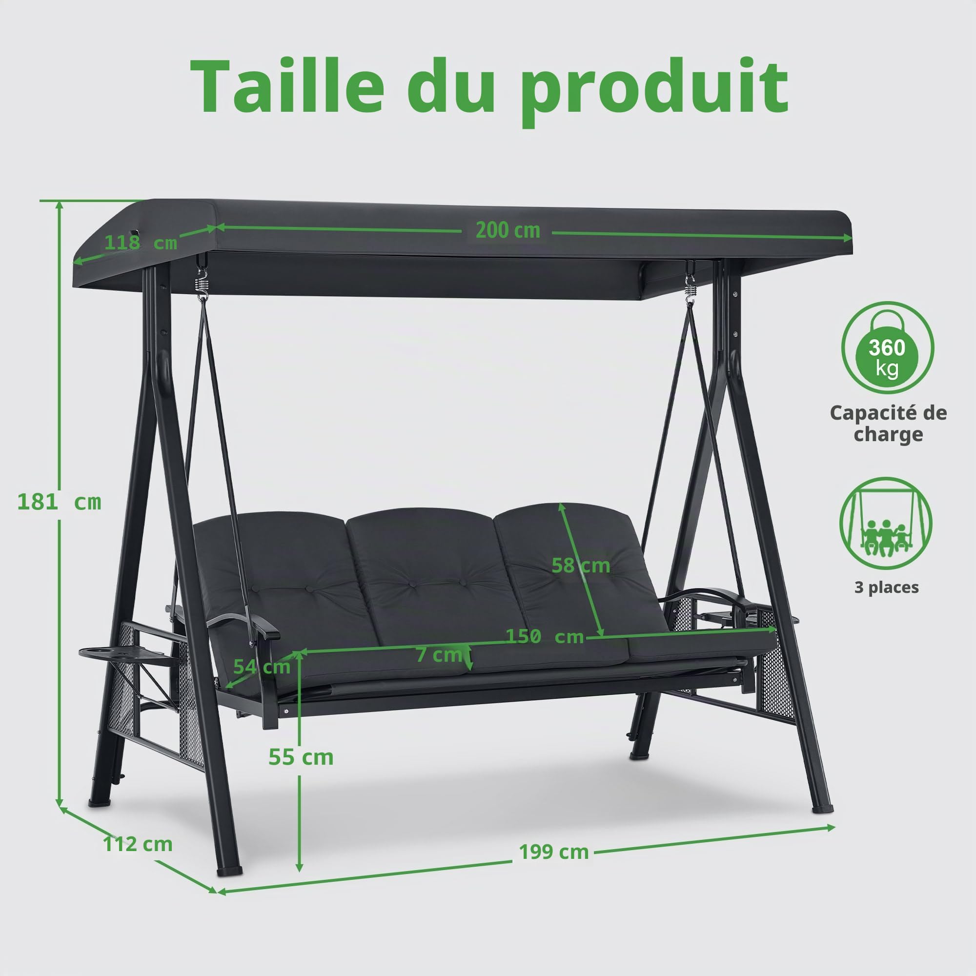 M MCombo Balançoire hollywoodienne 3 Places, 4093 avec Fonction de Couchage, Toit Solaire réglable & Porte-Boisson, balançoire de Jardin jusqu'à 360kg de Charge, Banc de balançoire Outdoor