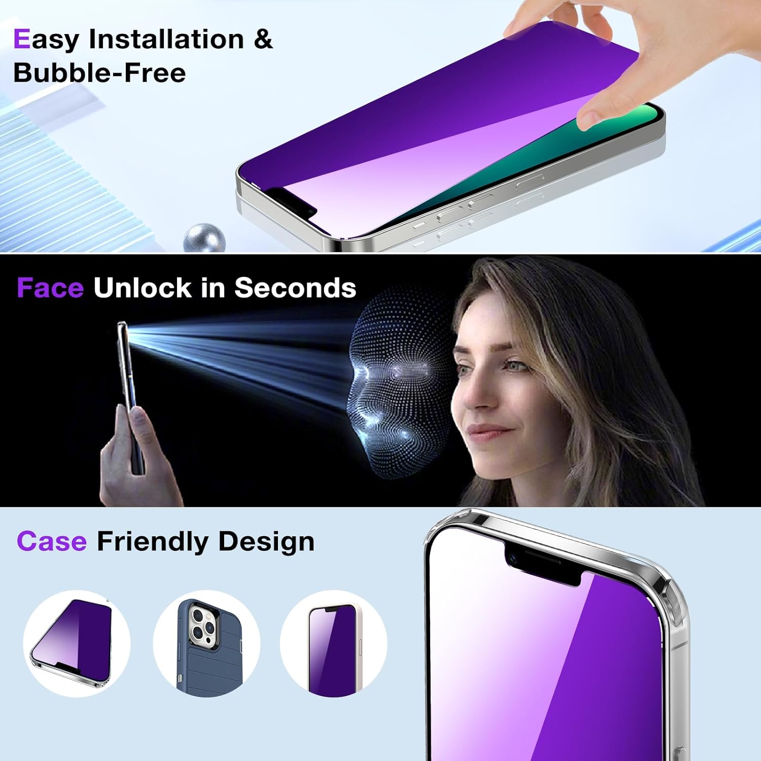 2 Pack Privacy Screen Protector for iPhone 13/13 Pro/14, Anti Spy Anti Blue Light Tempered Glass Film for iPhone 13/13 Pro/14 Screen Protector 6.1 Inch, Touch Sensitivity Bubble Free Purple - Image 3