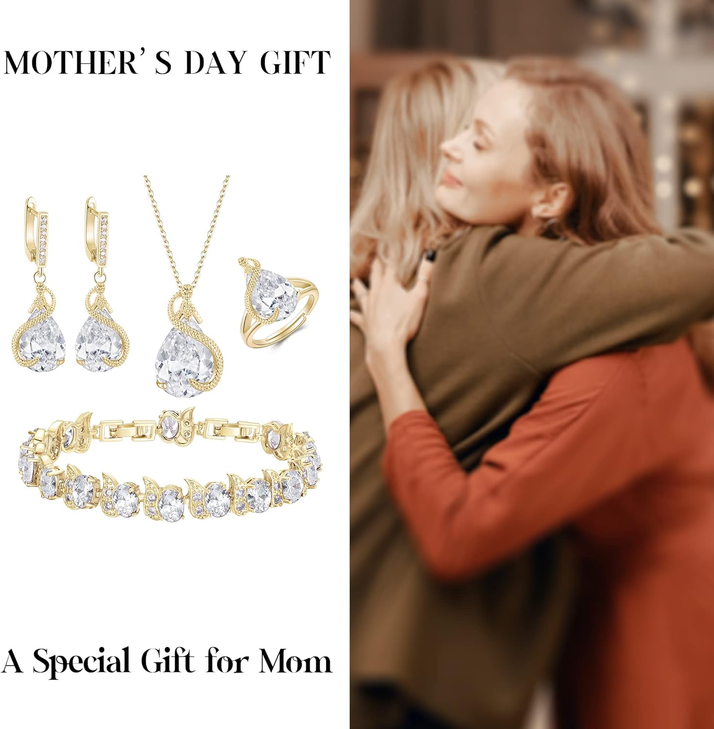 EVER FAITH Wedding Jewelry Set for Bride Bridesmaid, Glamour Teardrop Cubic Zirconia Pendant Necklace Earrings Tennis Bracelet Open Ring Sets for Birthday/Valentine's Day/Mother's Day/Christmas - Image 6