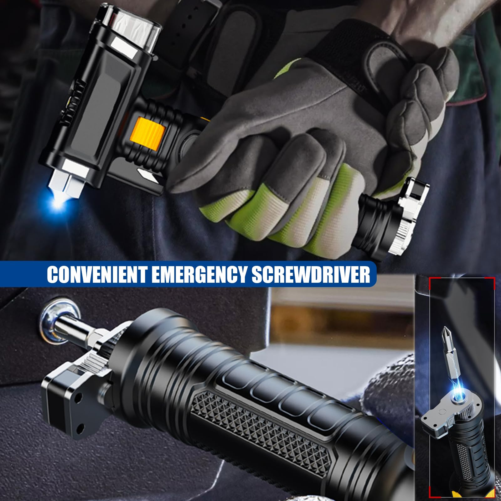 Martello di sicurezza per auto, torcia elettrica, strumento di salvataggio di emergenza con taglierina per cintura di sicurezza, 6 in 1, sistema di kit di archiviazione per cacciavite