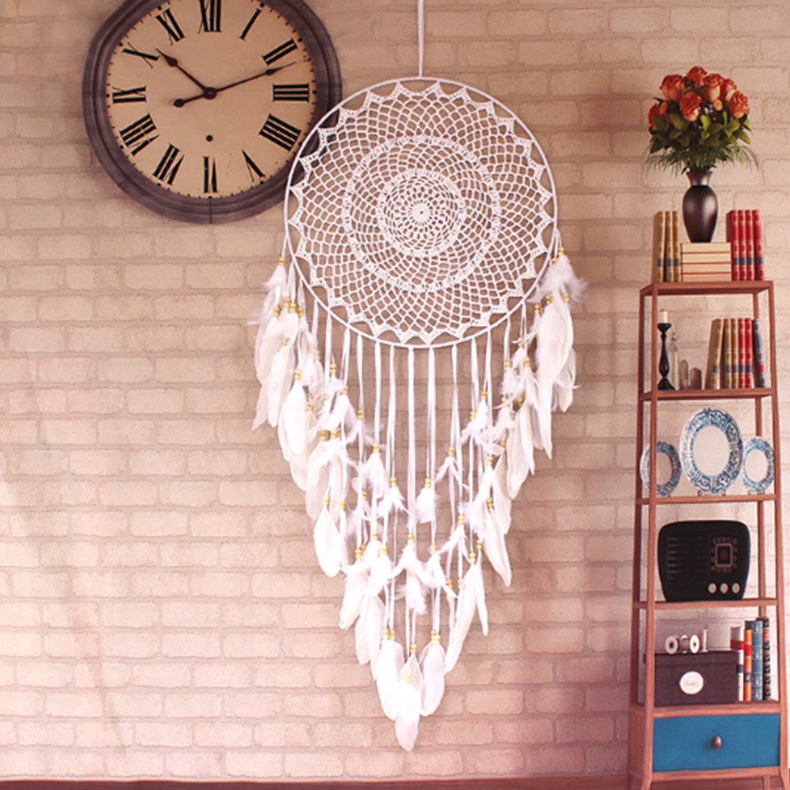 Europäischer und amerikanischer kreativer Haken-Blumen-Traumfänger, Feder-Windspiel, Dekoration für Zuhause, Veranda-Innendekoration, Hochzeitshintergrund, großer Anhänger