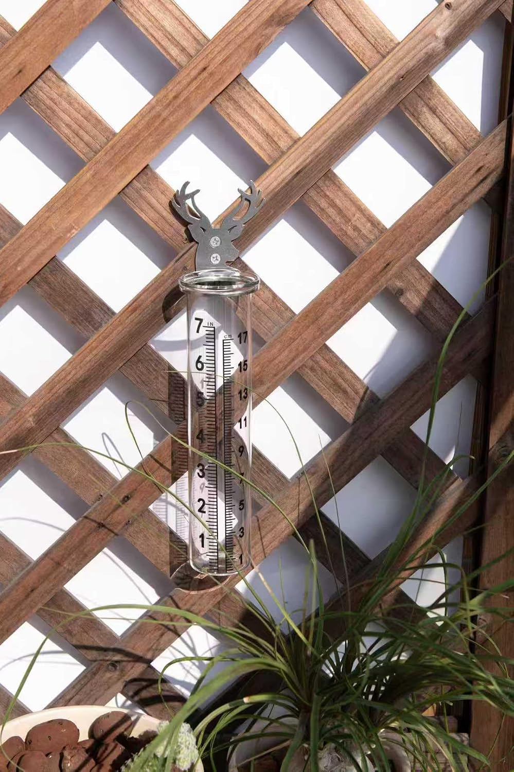 7" Rain Gauge Outdoor, Accurate Glass Tube Best Rated with Deer Shape Rack, Decorative Deer Antler Rain Measure Tool for Garden, Lawn, Patio (Style A)