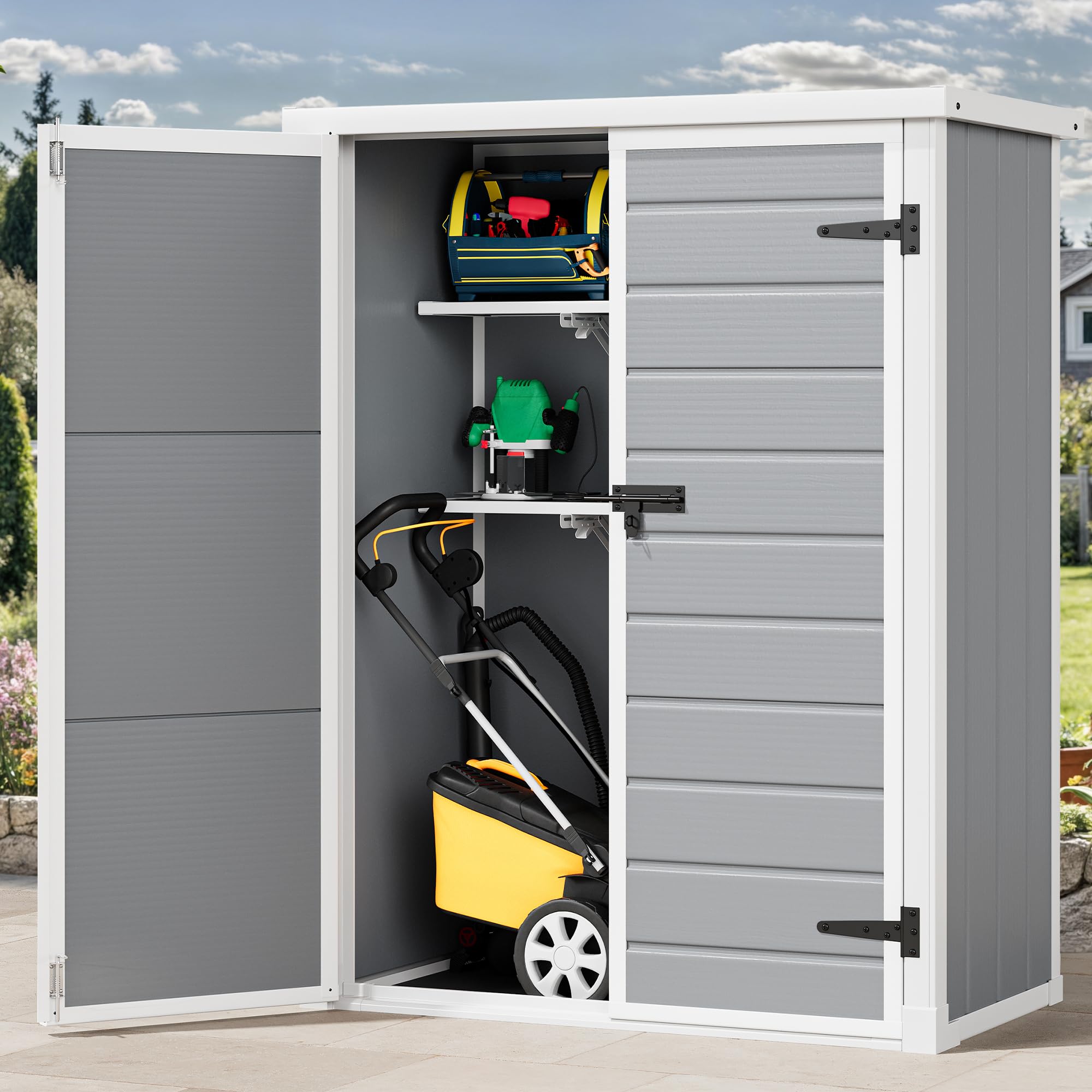 Photo 1 of *** INCOMPLETE SET/ MISSING BOX 1 OF 2 /PICTURED BOX IS BOX NUMBER 2 OUT OF 2 *** DWVO Outdoor Tall Storage Shed 50 Cuft with 2 Shelves, 4.3x2x5.5ft Vertical Tool Shed with Floor & Lockable Doors, Sturdy Double-Wall Plastic Cabinet for Garbage Cans and Ga