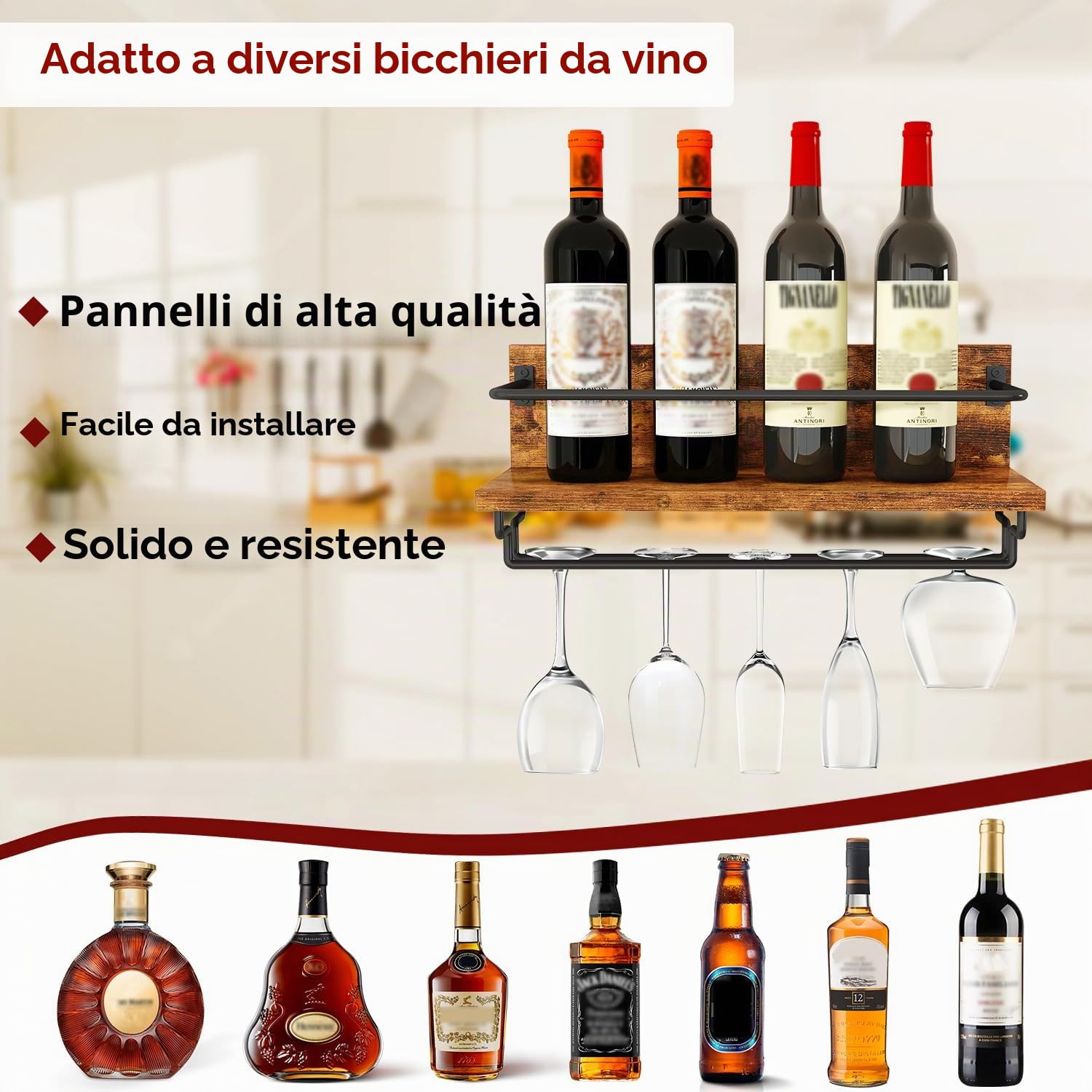IBUYKE Portabottiglie da Parete,Porta Vino in Legno,Set da 2,Porta Calici da Parete,Multifunzione Mensola Parete per Cucina, Sala da Pranzo, Bar, Marrone Rustico TMJ910H