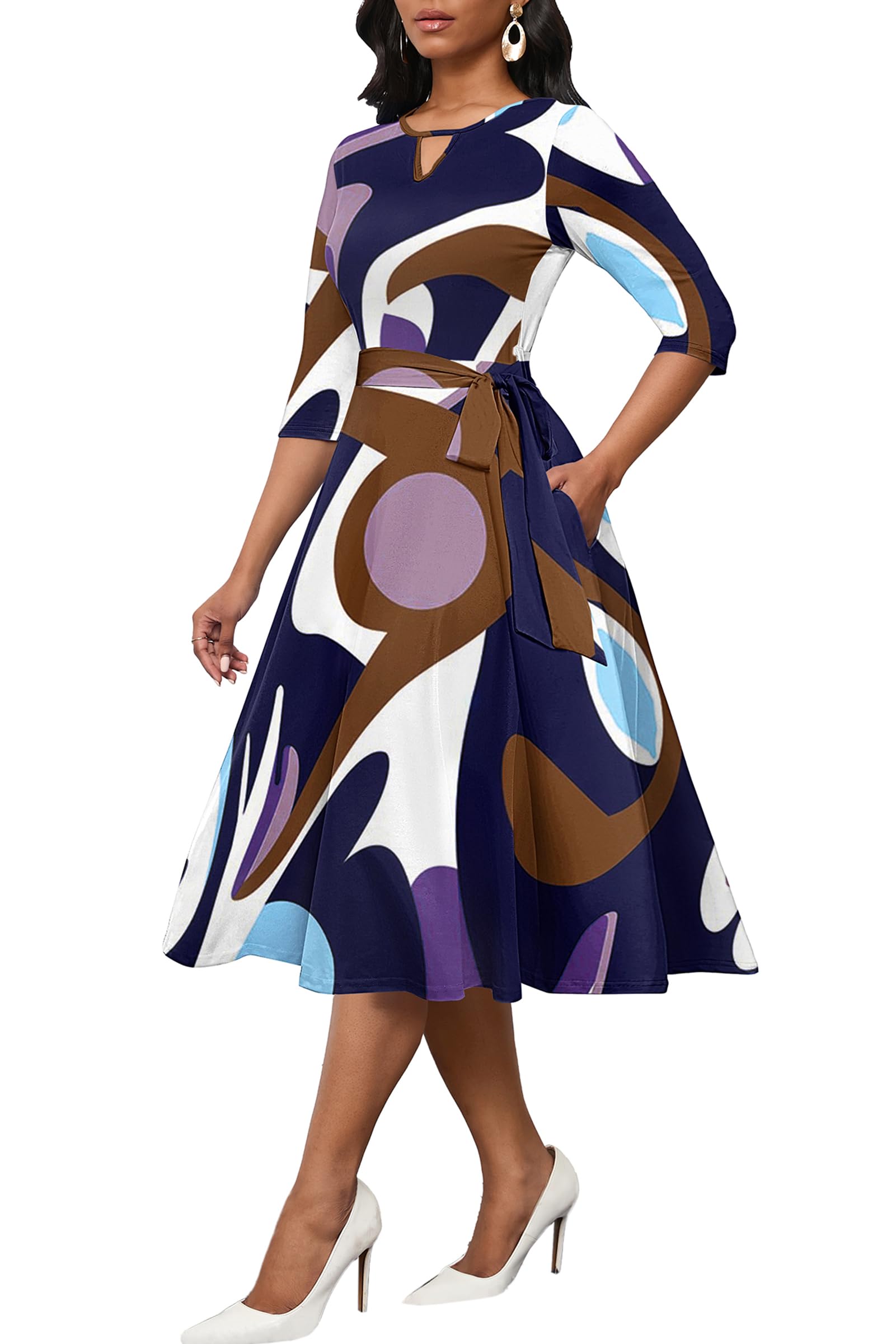 CLOCOR Midi Dresses for Women Casual A-Line Fit and Flare Dress Crewneck 3/4 Sleeve Keyhole Cocktail Party Church Dress