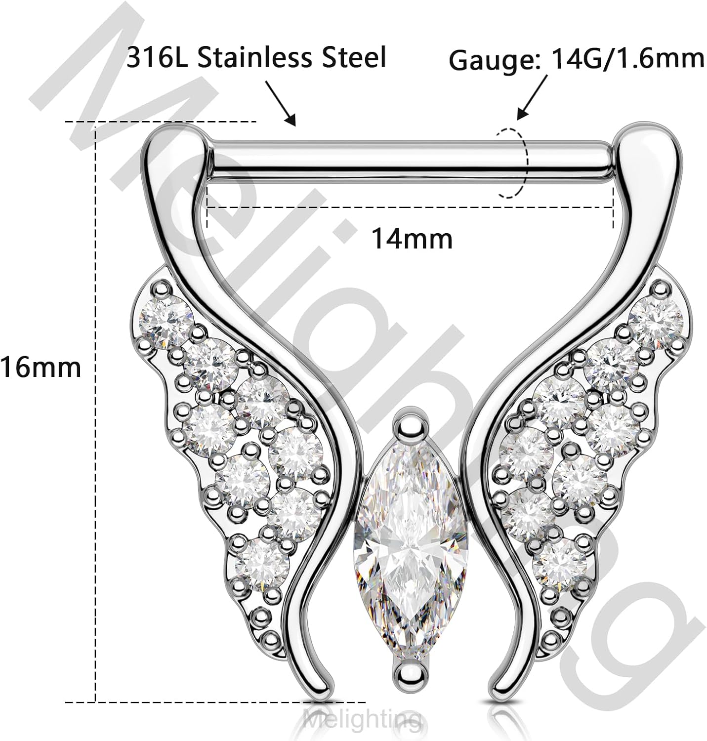 Melighting Butterfly Nipple Rings 14G Nipple Piercing 316L Stainless Steel Nipple Clicker Nipple Jewelry Clear CZ Nipple Piercing Jewelry For Women 14 mm - Image 5