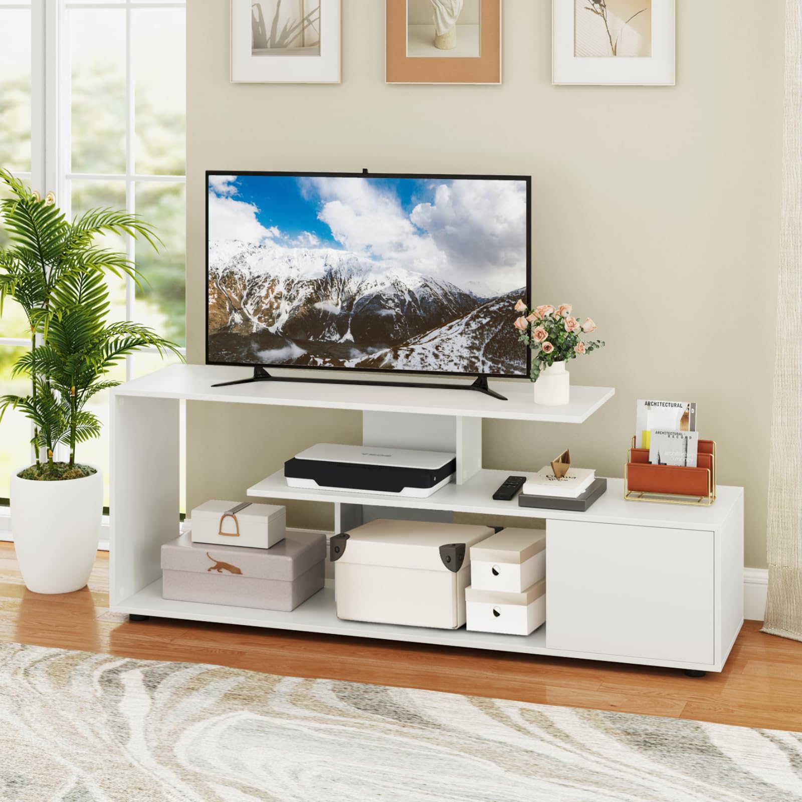 CASART TV Stand for 55 Inch TVs, Entertainment Center with Storage Cabinet & Open Shelves, Wooden Media Console Table TV Unit for Living Room Bedroom (White) — image 1