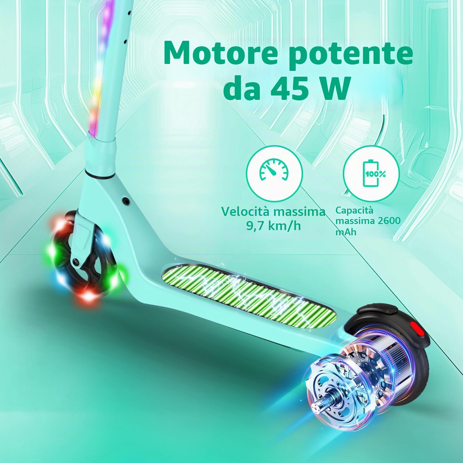 SISIGAD Monopattino elettrico per bambini da 6 a 12 anni, con luci LED lampeggianti e 3 altezze regolabili, max 10 km/h, motore da 45 W, carico massimo 70 kg