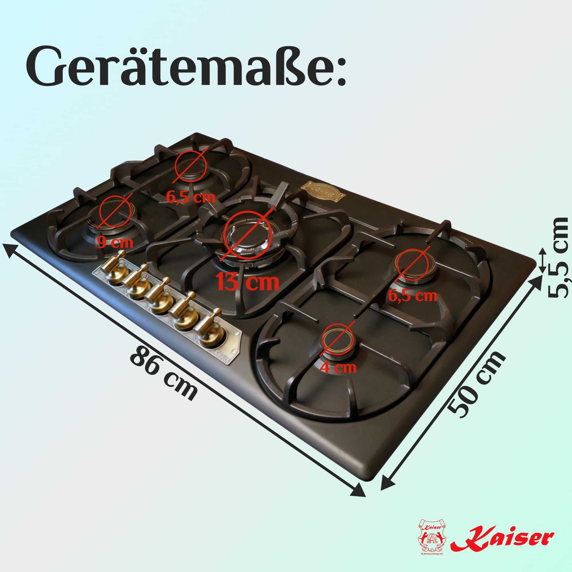 Kaiser KG 9325 Em Retro płyta gazowa, 90 cm, samowystarczalna kuchenka gazowa, emaliowana, palnik gazowy/do woka, 3,8 kW, sterowanie gazem, na gaz ziemny i propan, czarna