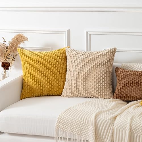 Vista 597 de Kevin Textile - Juego de 2 fundas decorativas cuadradas para cojines, de pana suave y con moderno estilo campestre bohemio a rayas para decorar Óxido