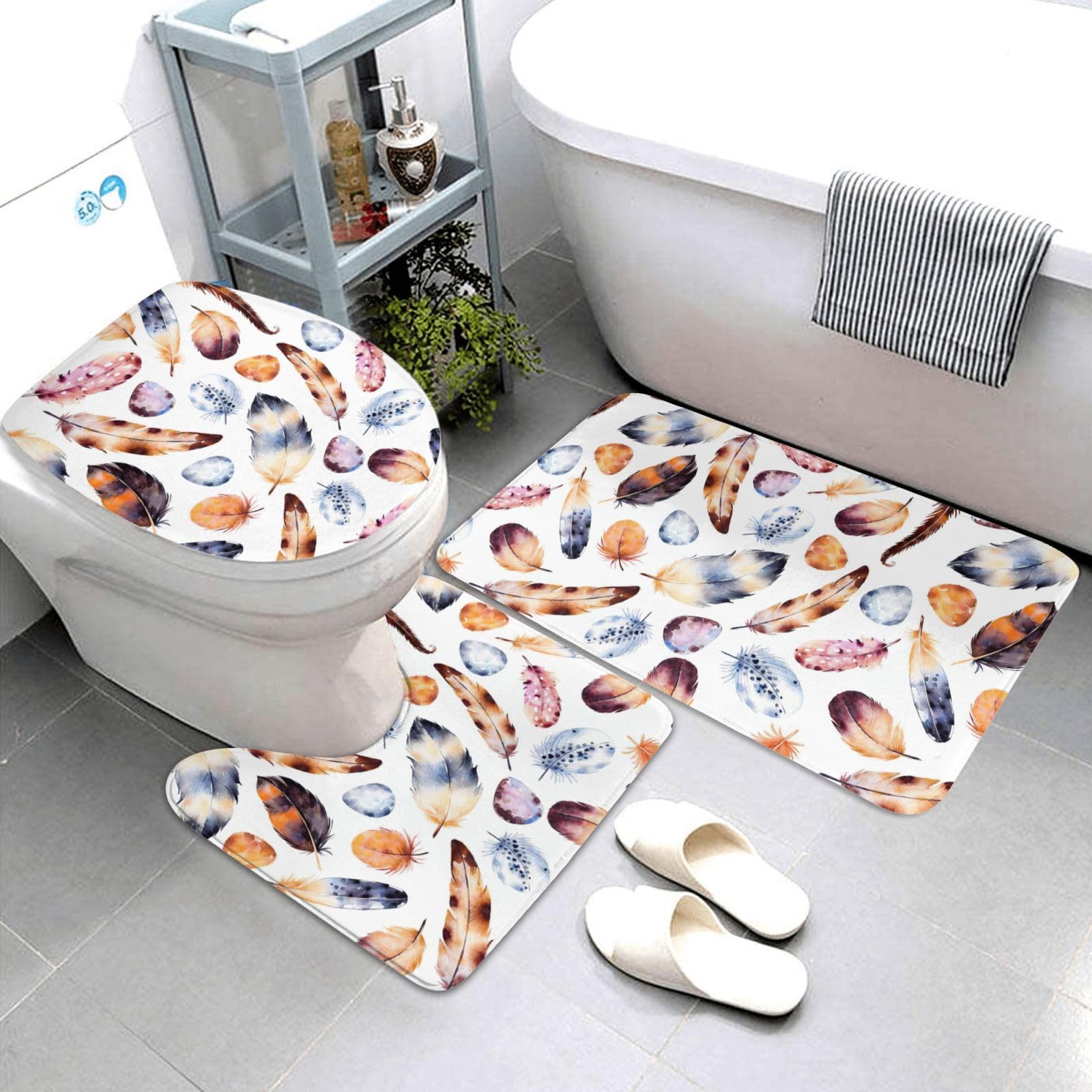 BREAUX Tapis de sol antidérapant imprimé plumes de paon coloré, tapis de sol de salle de bain antidérapant couverture de douche 3 pièces