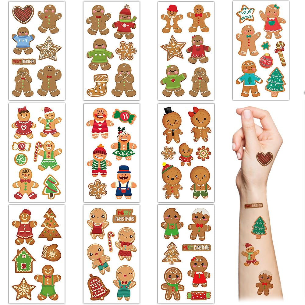 Gingerbread Temporary Tattoos,10 Sheets Cute Gingerbread Man Stickers Tattoos for Kids Christmas Decorations Xmas Party Supplies,Xmas Gifts Stocking Fillers Party Bag Fillers for Boys Girls Children
