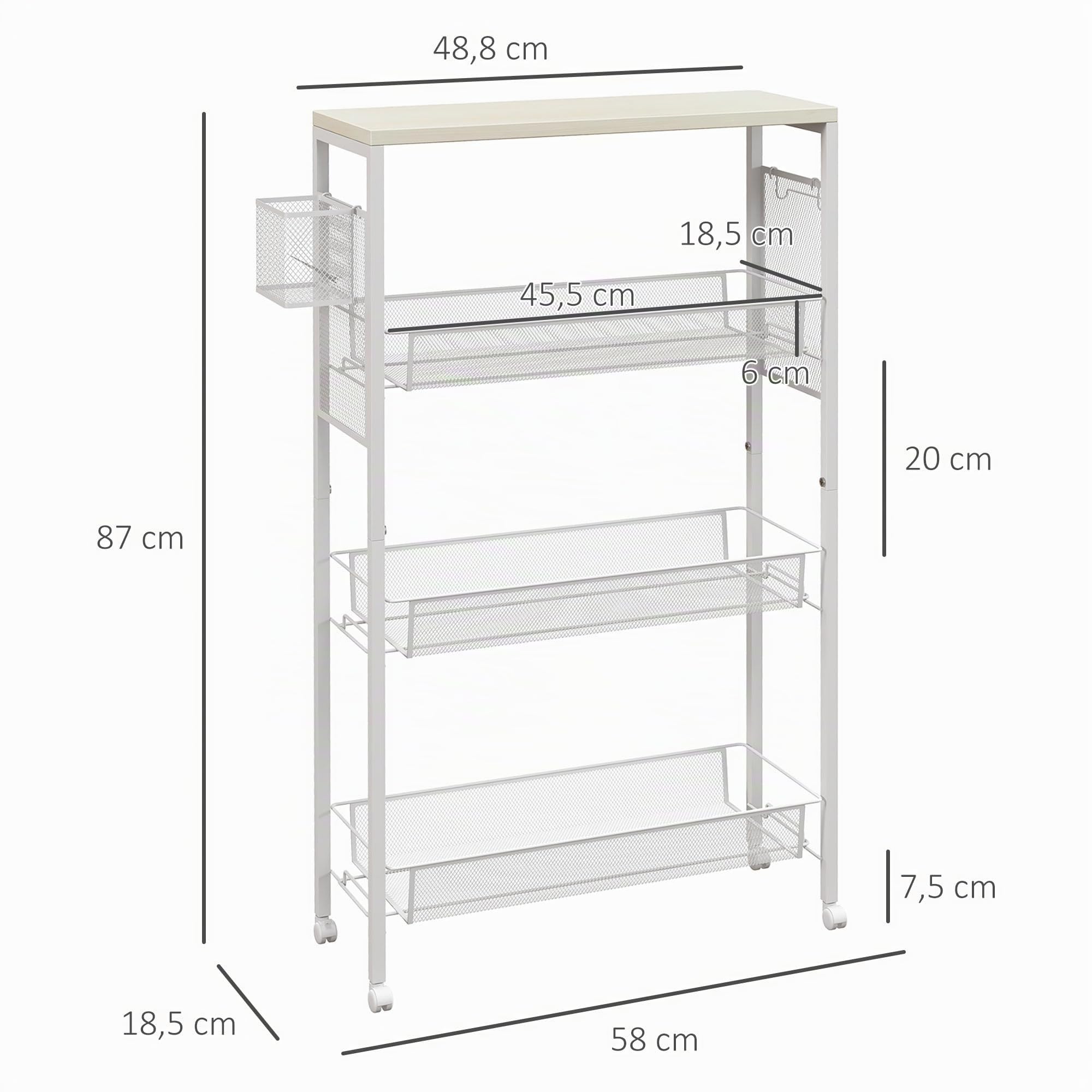HOMCOM Desserte de Cuisine à roulettes Acier 58 x 18,5 x 87 cm Blanc | Chariot de Rangement, 3 Panier, 1 Panier Suspendu et Crochets, Chariot de Cuisine et Salle à Manger