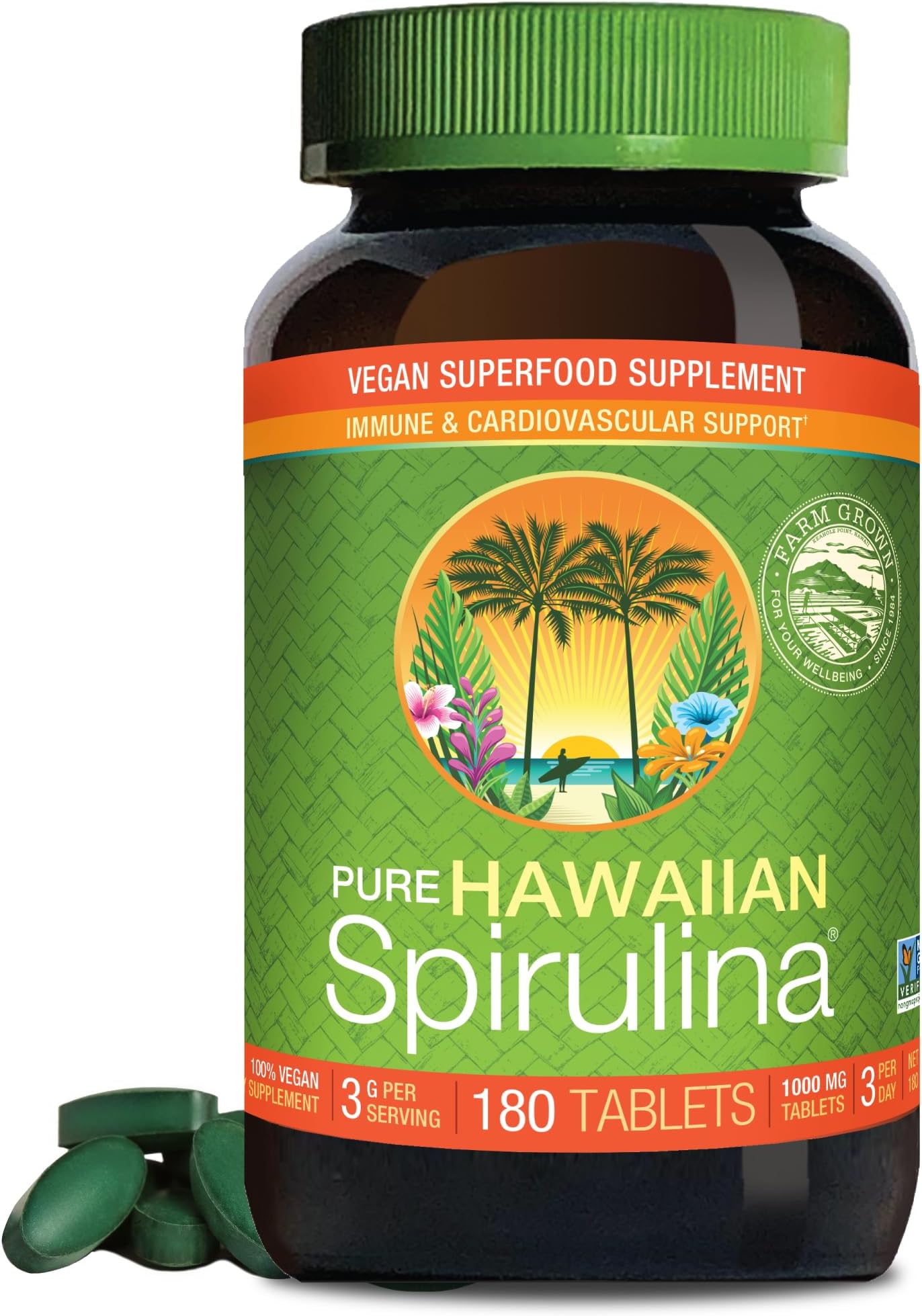 Pure Hawaiian Spirulina Tablets, Vegan, 1000 mg, 180 Count