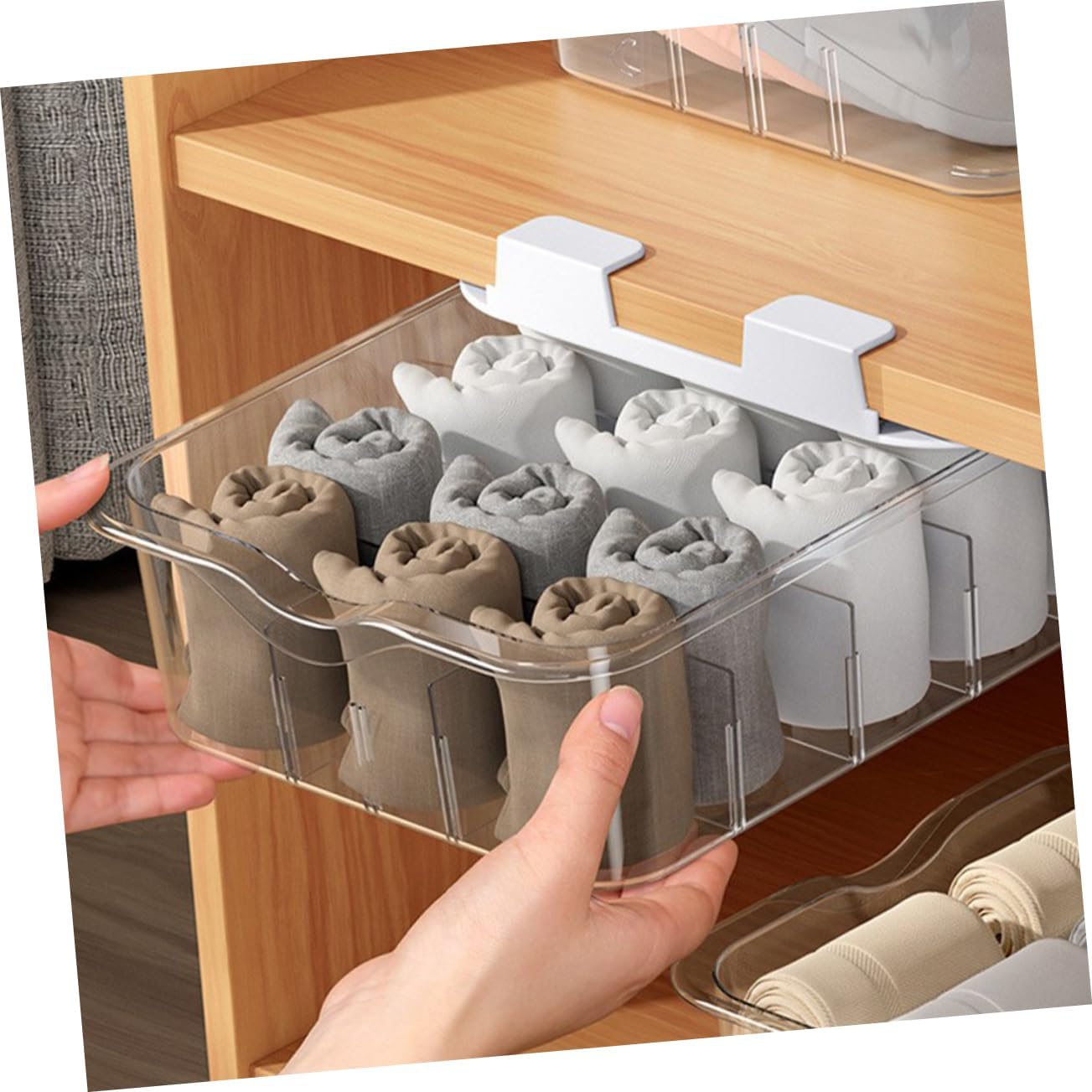 Compartment Transparent Under Shelf Adhesive Storage Box for Socks and Underwear Removable Divider Drawer Organizer for Closet Dustproof Home Storage Container