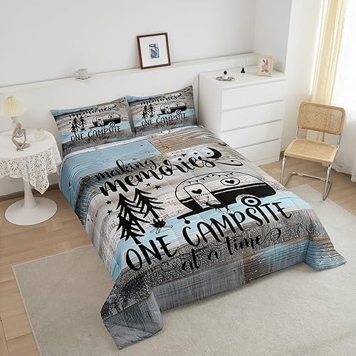 Miniatura 4 de Juego de edredón para niños, diseño de camping feliz, tamaño Queen, juego de ropa de cama de estilo campista para caravana, estilo vintage