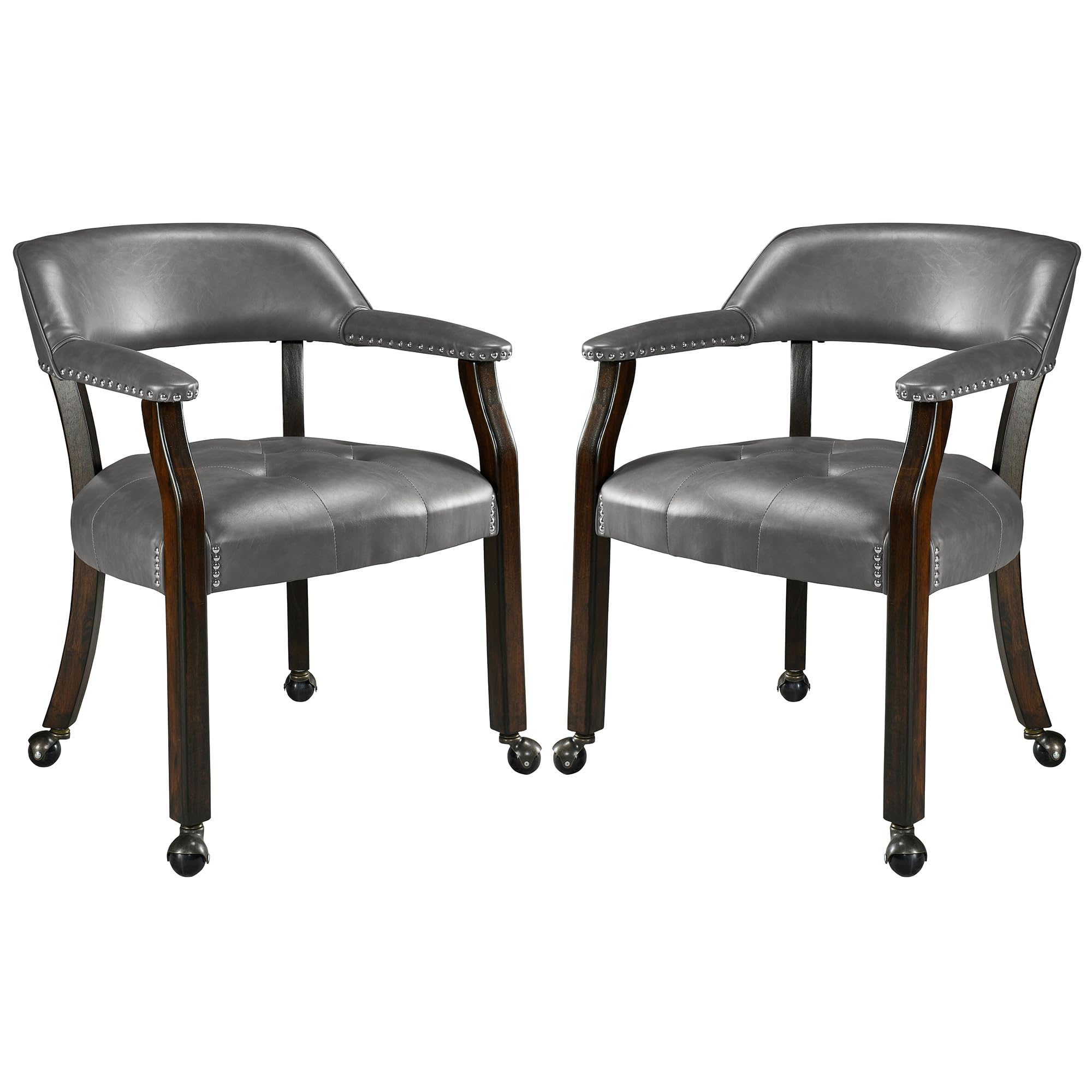 Dining Chairs with Wheels and Arm Set of 2, Caster Boss Captain's Chairs with Solid Wood Leg, Office Desk Chairs with Button Upholstered, Classic