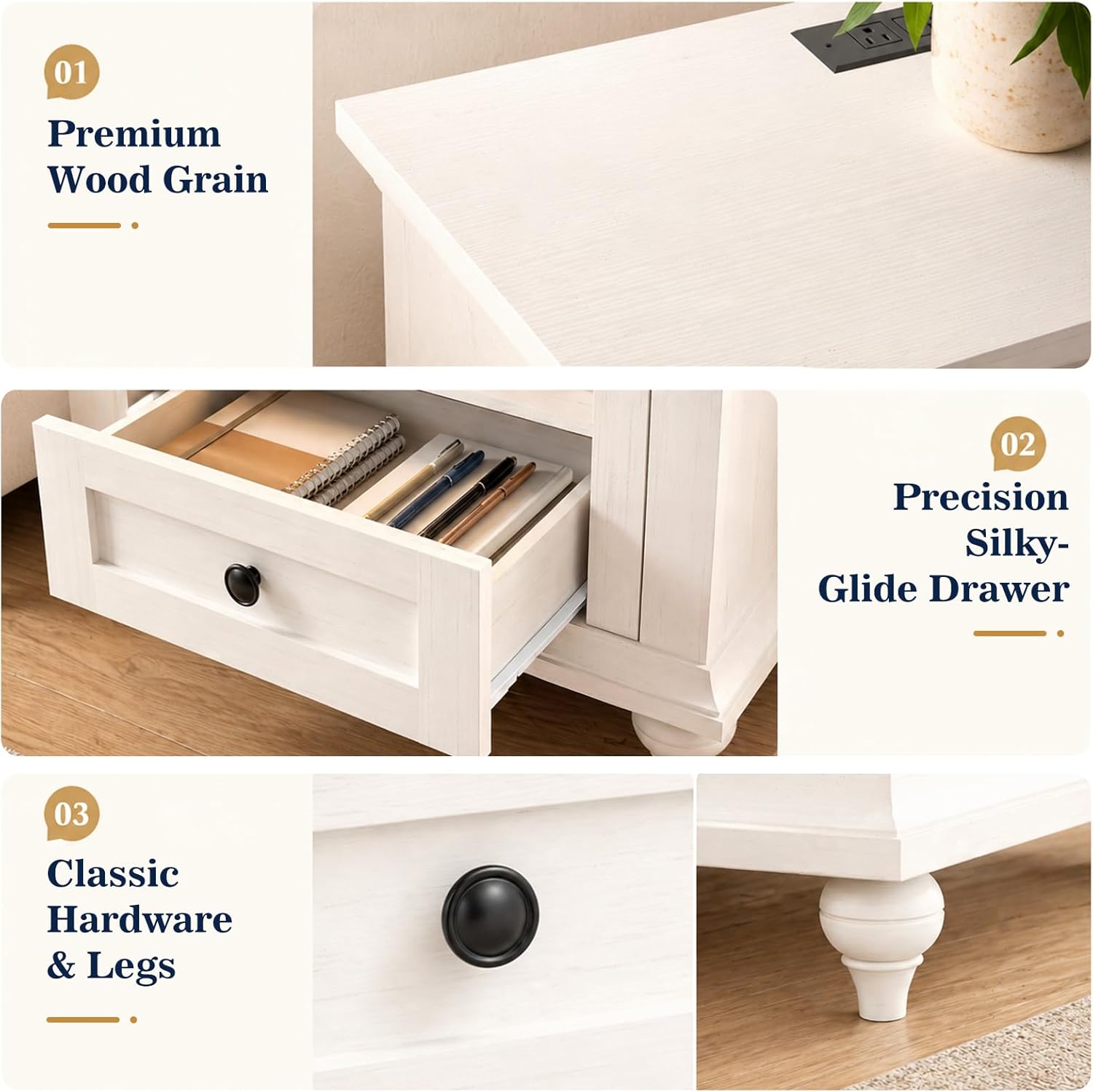 Farmhouse Nightstand with Charging Station, Bedside Table with Large Louvered Drawer & Open Storage Shelf, 3 USB Ports & 2 AC Outlets, Side Table for Bedroom, Rustic White