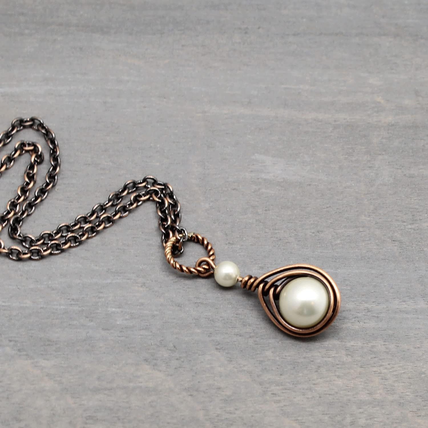 Pillar of Salt Studio Handcrafted Simulated Pearl Small 1" Pendant Copper Wire Wrapped Necklace (Cream, 18" Chain)
