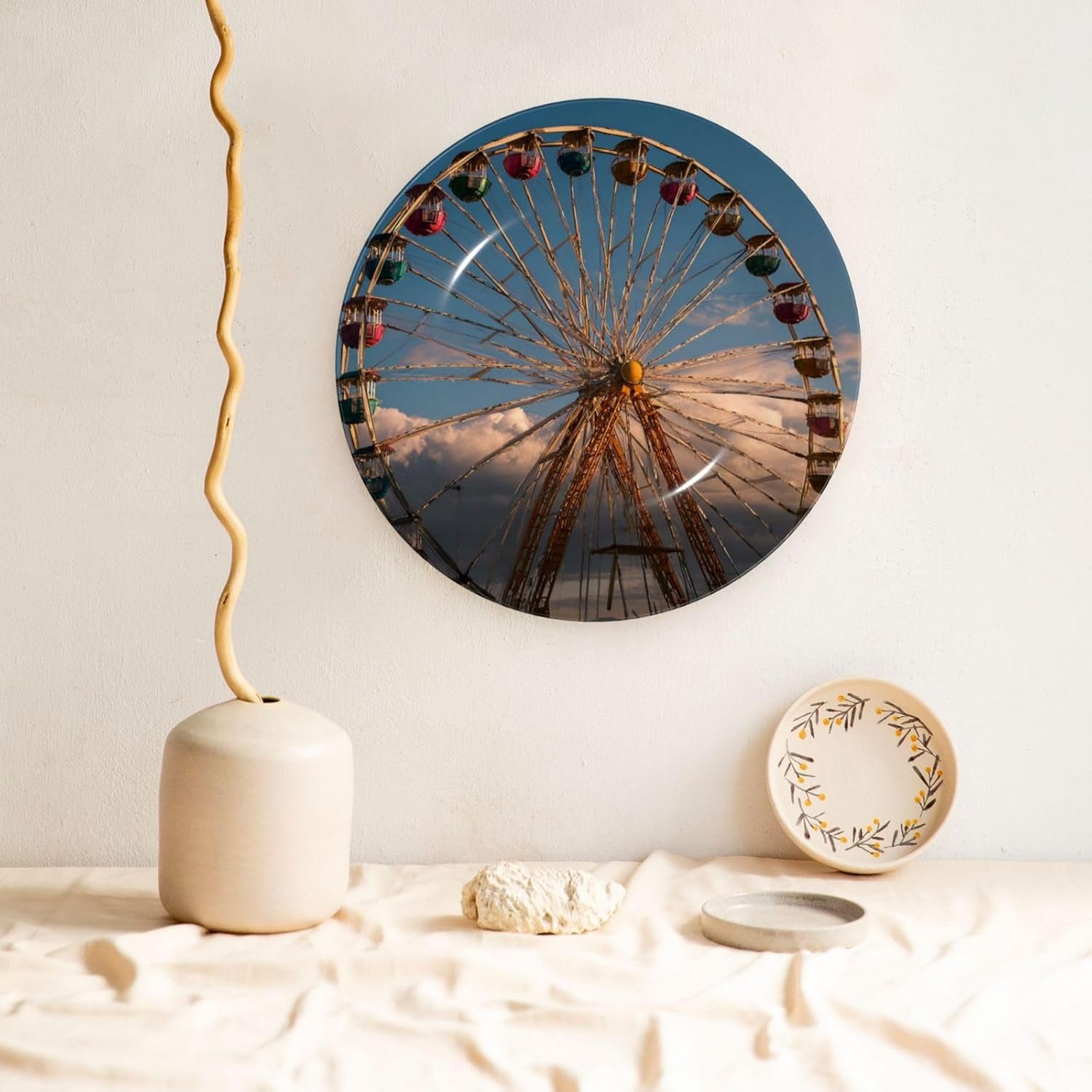 Decorative Plate 10in Bone China Dessert Plates with Display Stand Ceramic Ornament Ceramic Ferris Wheel Decorative Plates Art Crafts Porcelain Plate for Home Club Living Room