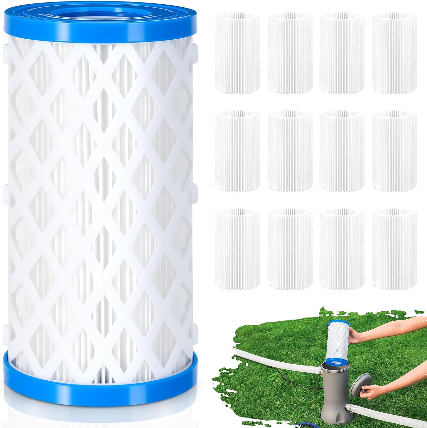 12 Pack Type A/C/III Pool Filter Cartridge Replacement, Compatible with Intex 29000E/59900E, Reusable Outer Shell with Replaceable Inner Filters for Select Above Ground Pool Pumps