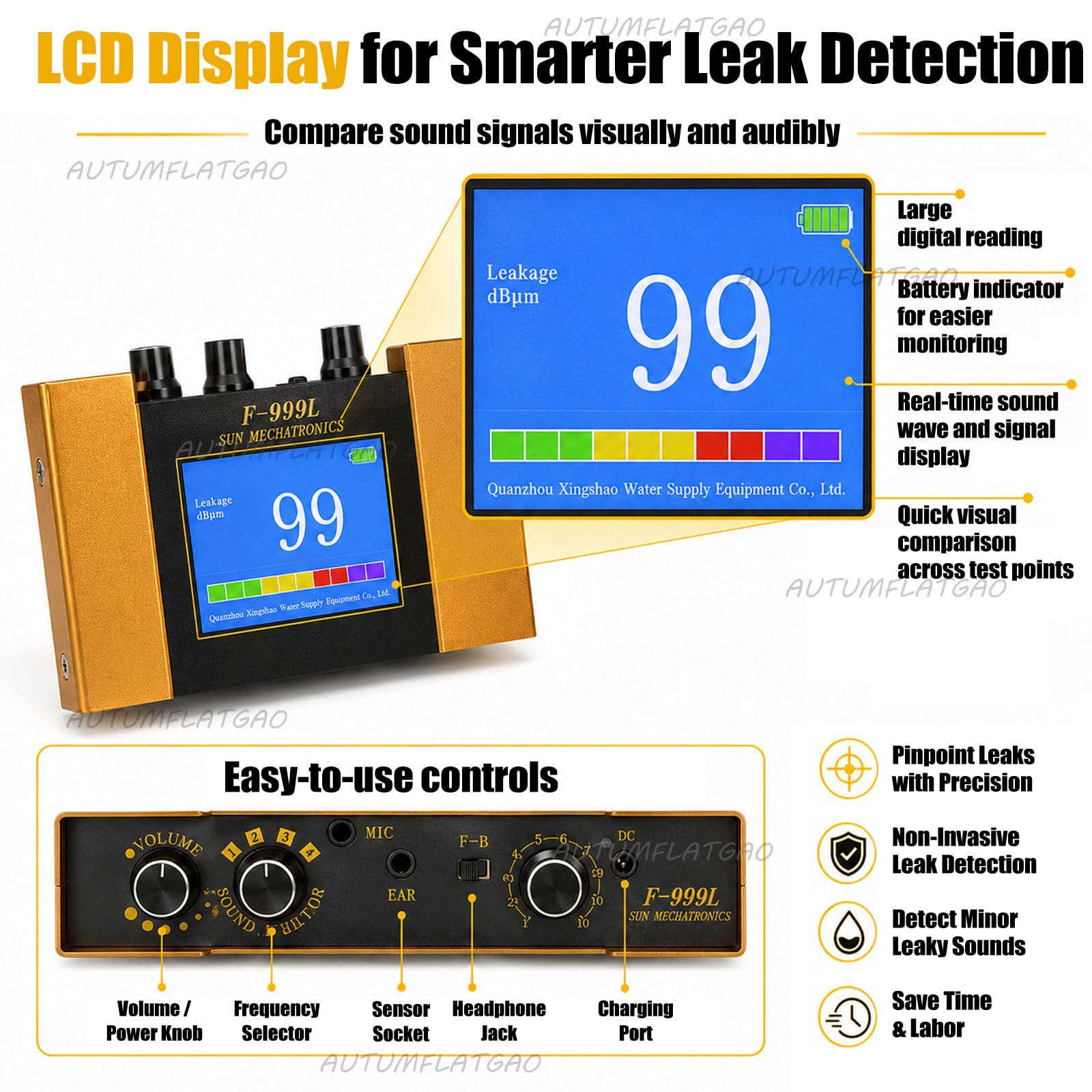 Detector De Fugas De Agua para Tuberías, Sensor Geófono De Fugas De Agua, 4 Niveles De Frecuencia, Pantalla LCD Y Auriculares, Inspección De Fontanería Doméstica