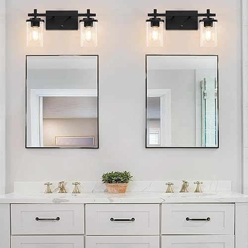 Miniatura 5 de 2 luces de tocador de baño, lámparas de baño negro mate sobre el espejo, apliques de pared de baño con pantalla de vidrio transparente, lámpara de