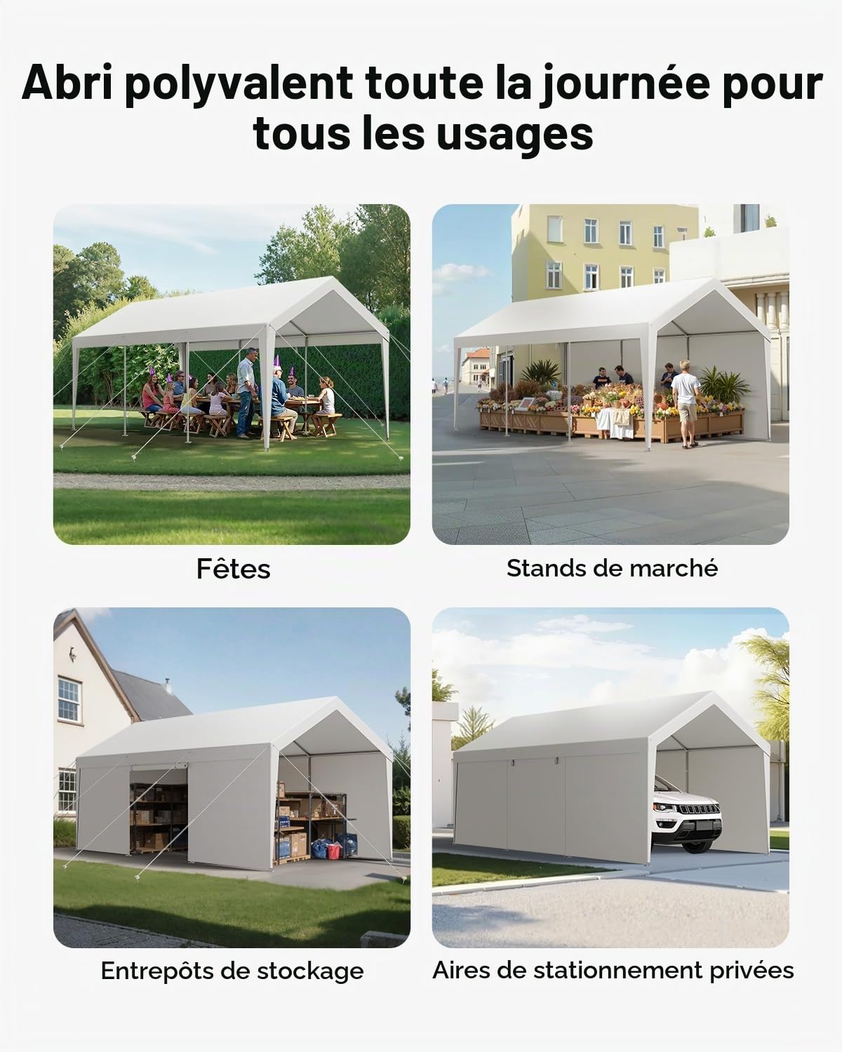 VEVOR Tente Garage, 3,05 x 6,09 m, Carport Abri de Voiture Extérieur avec Parois Latérales Amovibles et Portes, Résistant aux UV et à l'eau, Protection Toutes Saisons pour Automobile et Bateau, Blanc