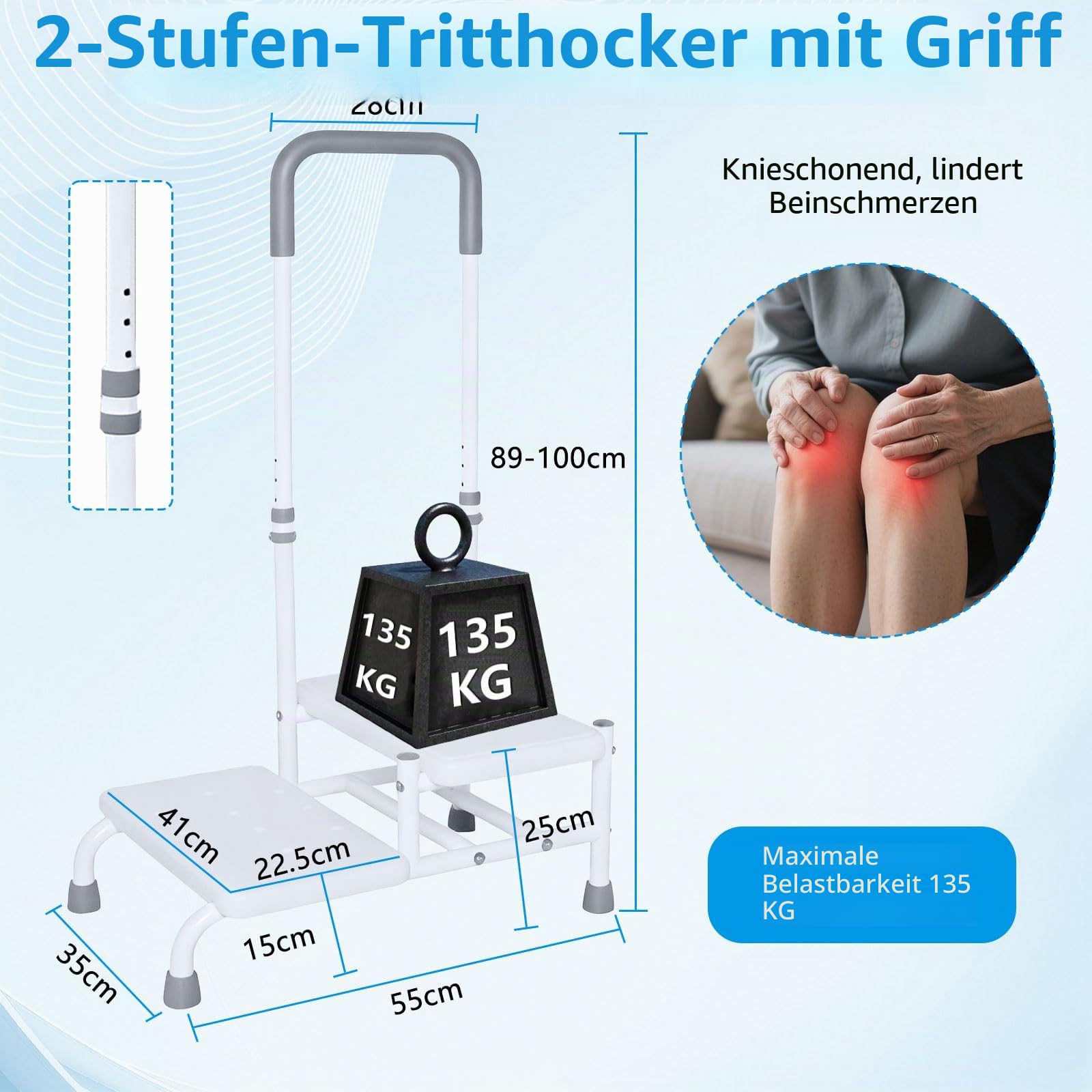 2-stöckige Badewannentreppe mit Griff, Badewannentreppe zum Ein- und Aussteigen aus der Badewanne, robuste Stufen für ältere Menschen, 5-stufige Höhenverstellung, unterstützt bis zu 136 kg