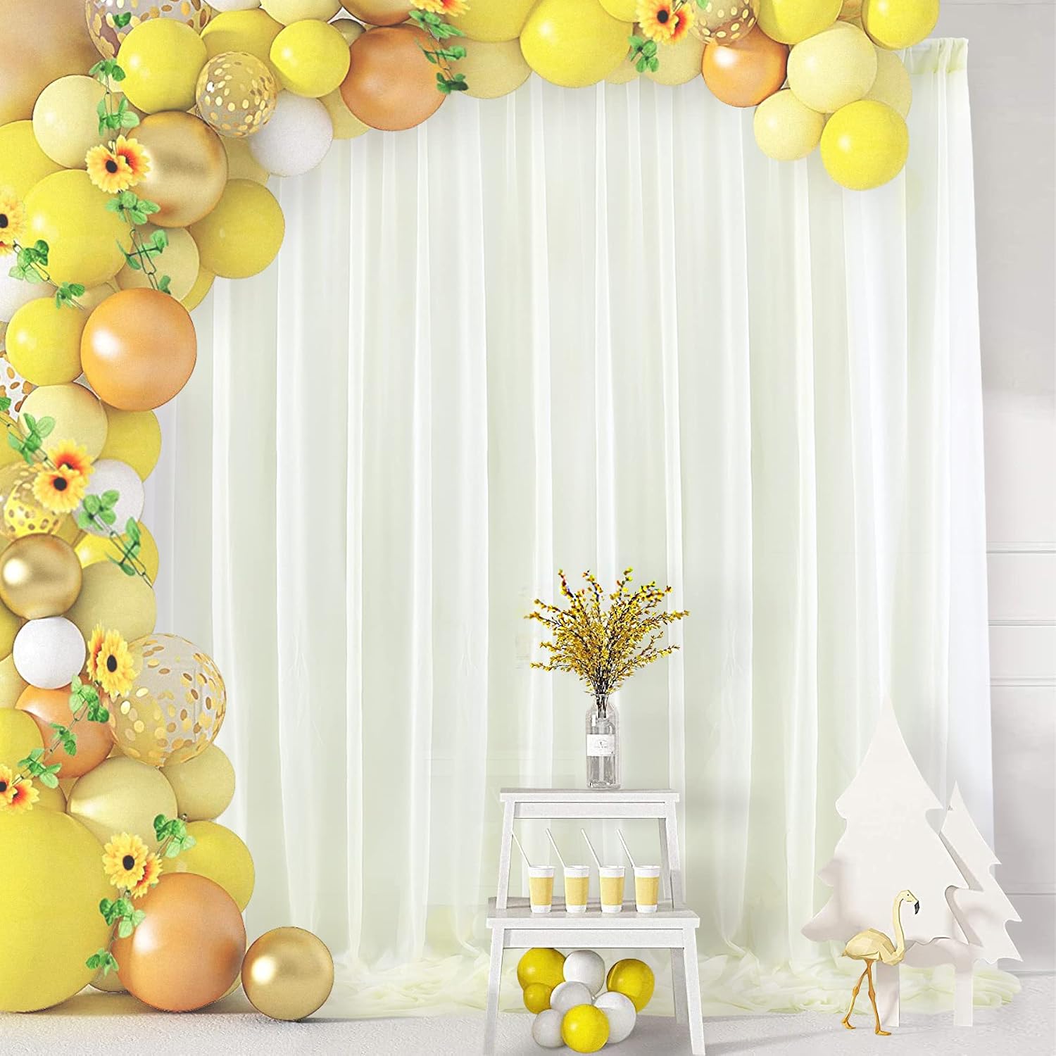 PARTISKY 10ftx7ft Ivory Chiffon Backdrop Curtains, Wrinkle-Free Sheer Fabric Photo Drapes for Wedding Ceremony Arch Birthday Baby Shower Photography Stage Decor 5ft x 7ft, 2 Panel