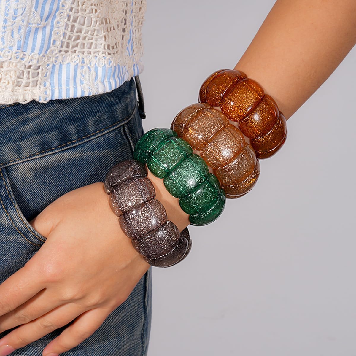 Caiyao Retro Acrylic Chunky Geometric Elastic Bangle Bracelets Colorful Wide Chunky Irregular Resin Wristband Statement Bracelet for Women Fashion Party Wedding Jewelry Gifts image 5
