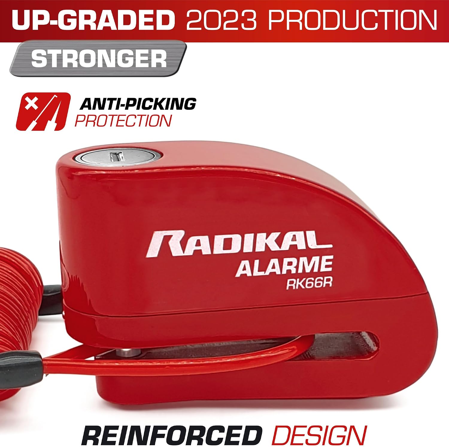 RADIKAL RK66R Motorcycle Disc Lock Alarm 110dB, Deterrent & Waterproof, 6mm Security Click Locking, 5ft Reminder Cable, Spare Batteries, Universal Anti Theft Wheel Brake Lock for Scooter Electric Bike