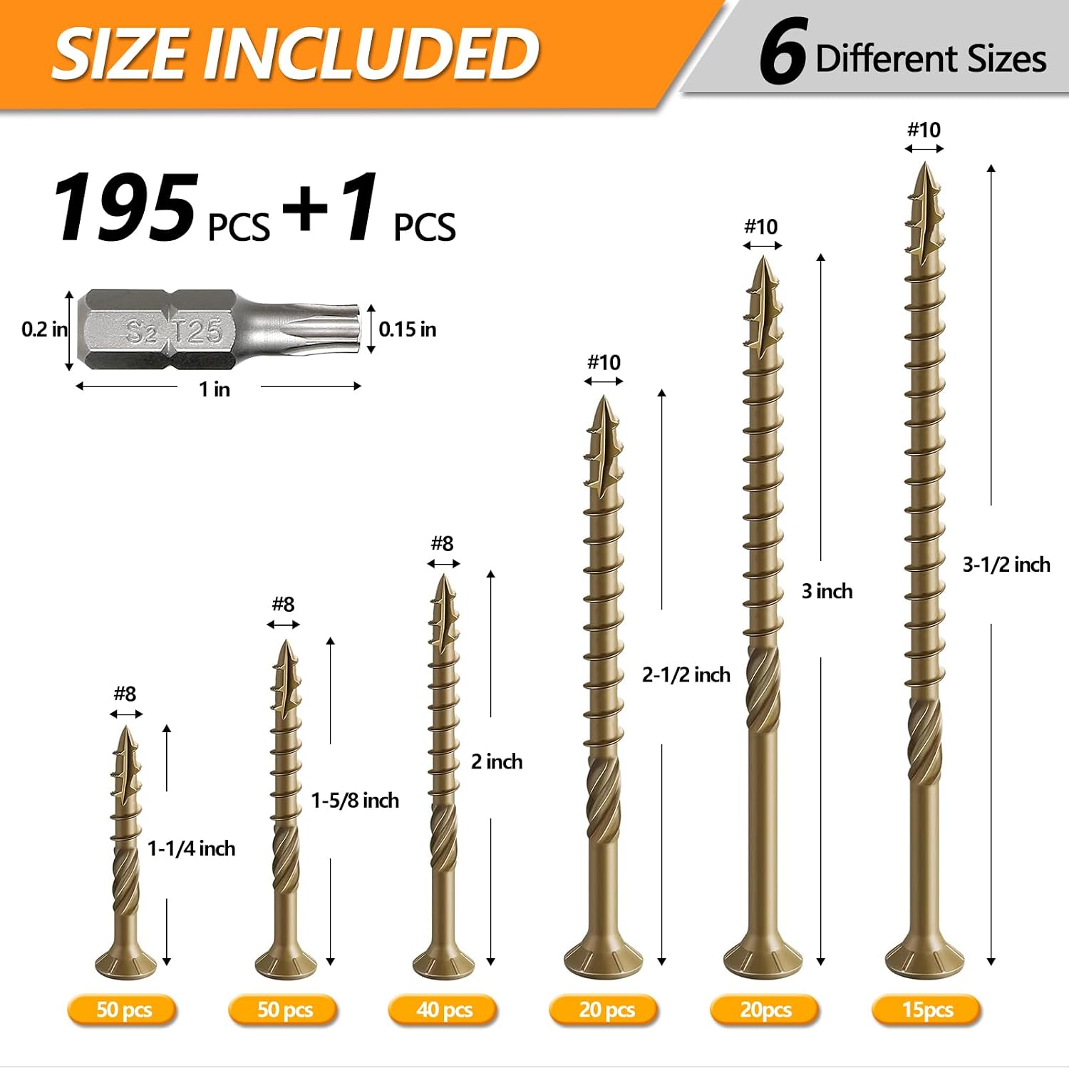 195 Pcs Deck Screws kit, #8#10 Wood Screws Assortment Kit, Rust Resistant epoxy Coated,Star Drive,Heavy-Duty Exterior (1-1/4",1-5/8",2",2-1/2",3",3"-1/2"),T25 Star Bit（Yellow）